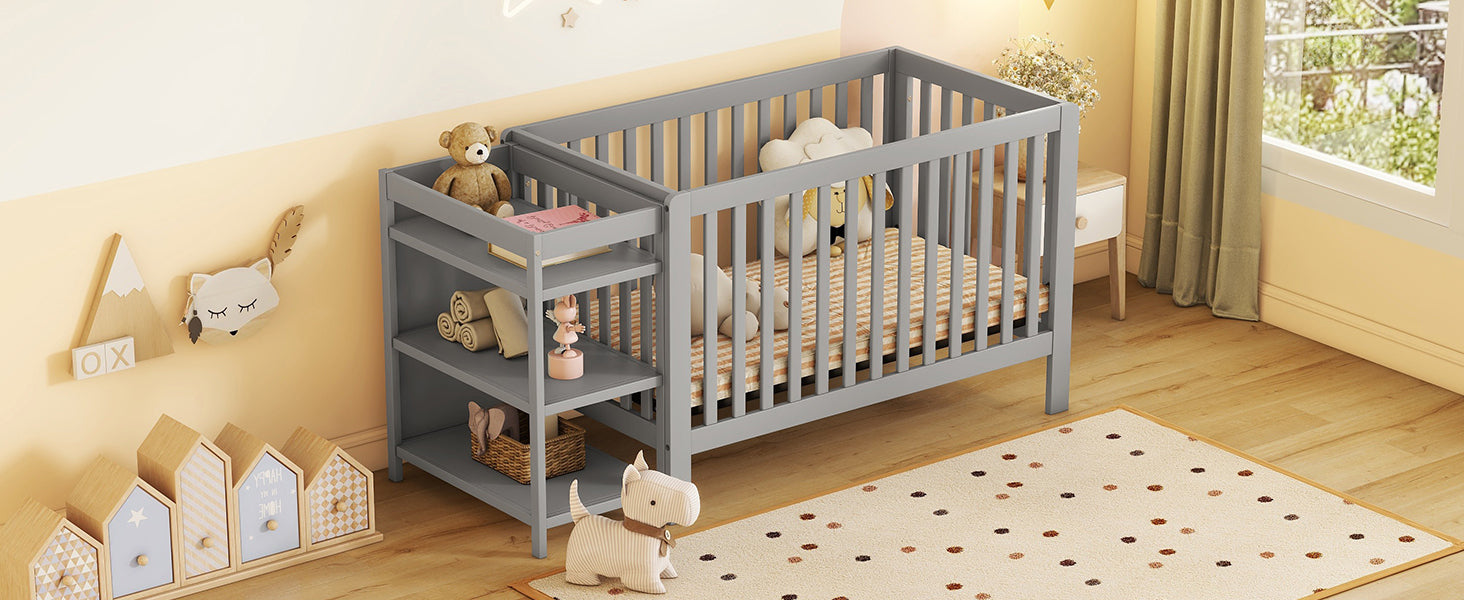 Convertible Crib/Full Size Bed with Changing Table - Gray