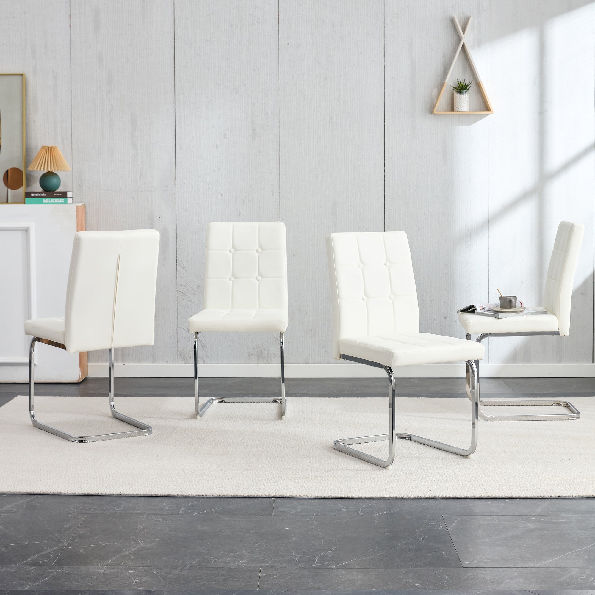 Modern Style Dining Chairs with Inset Buttons, C-shaped Tube Plating Metal Legs (Set of 2) - White