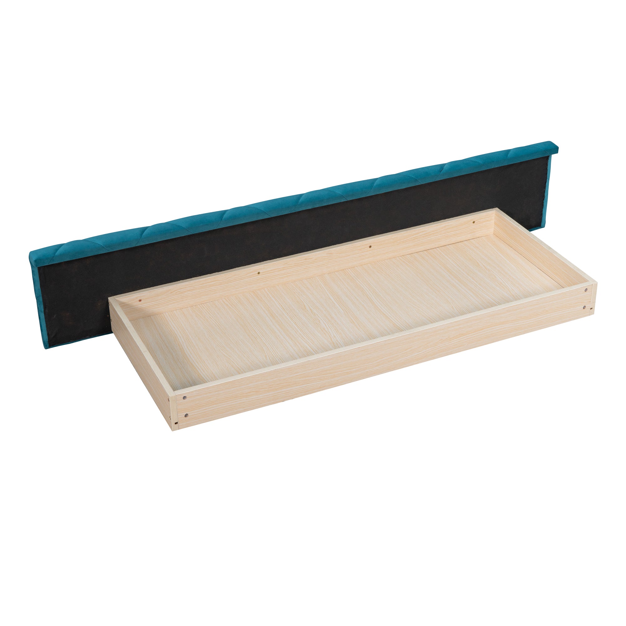 Queen Size Bed Storage with Wingback Headboard and 1 Big Drawer 2 Side Storage Stool - Velvet Blue