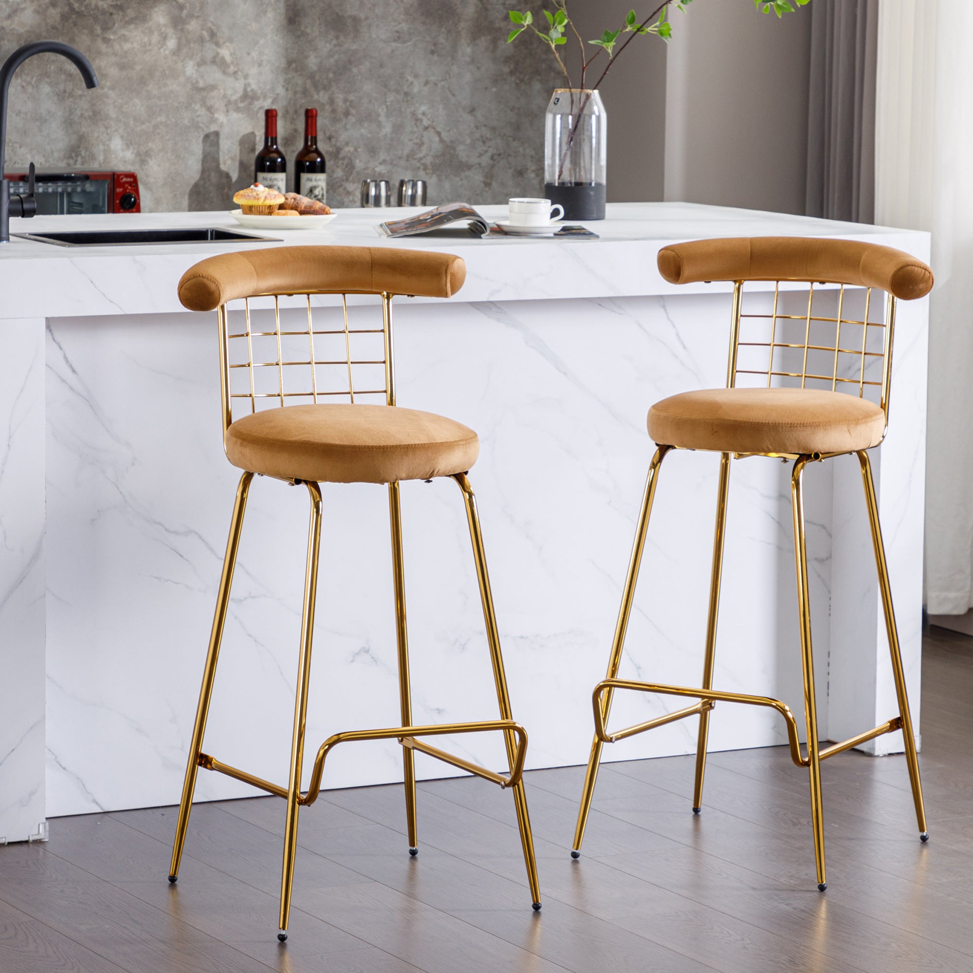 Luxury Velvet  High Bar Stool with Metal Legs and Soft Back - Camel