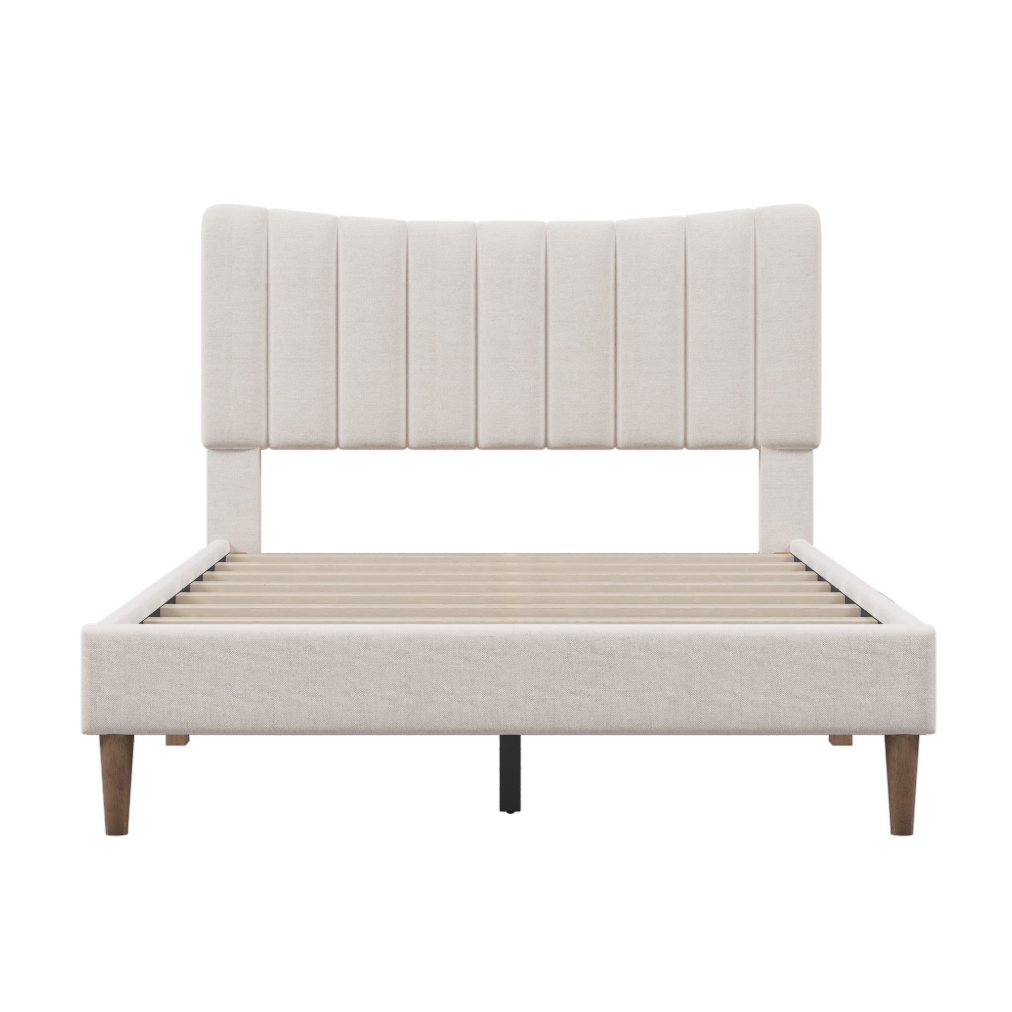 Full Bed - Upholstered Platform Bed Frame with Vertical Channel Tufted Headboard, No Box Spring Needed - Cream