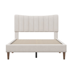 Full Bed - Upholstered Platform Bed Frame with Vertical Channel Tufted Headboard, No Box Spring Needed - Cream