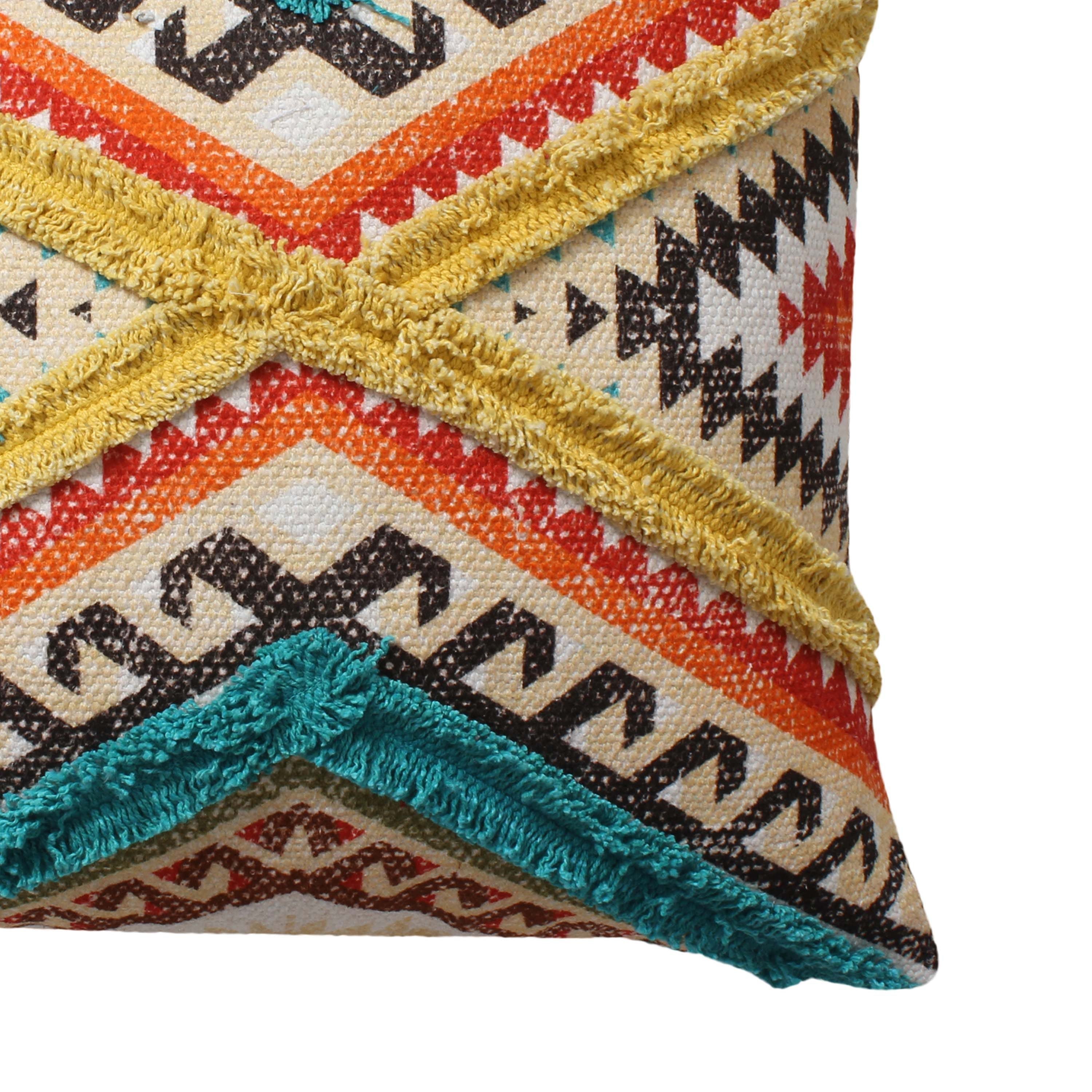Square Cotton Accent Throw Pillow, Aztec Tribal Inspired Pattern, Trimmed Fringes 18x18" - Multicolor