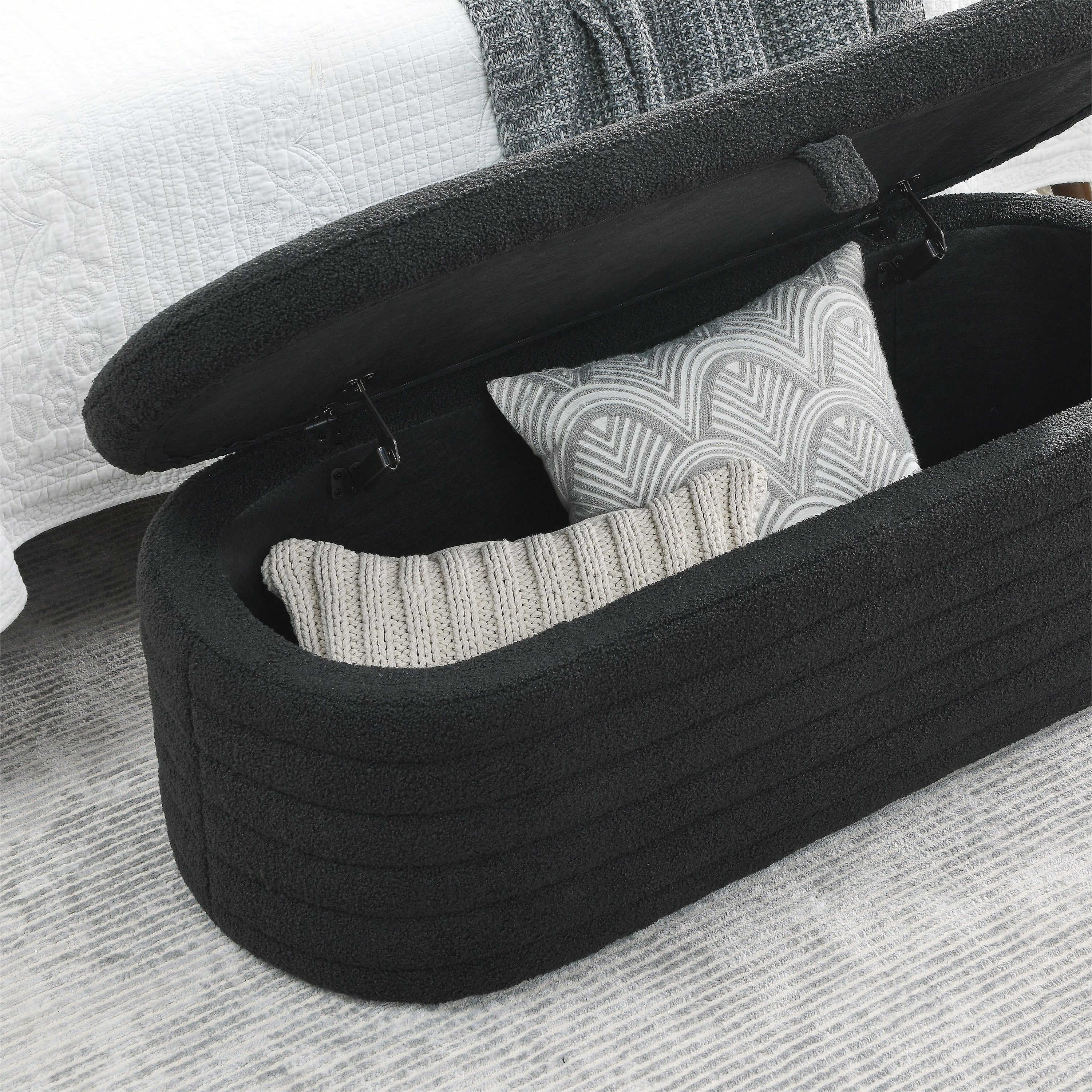 Storage Ottoman Bench Upholstered Fabric Storage - Black teddy