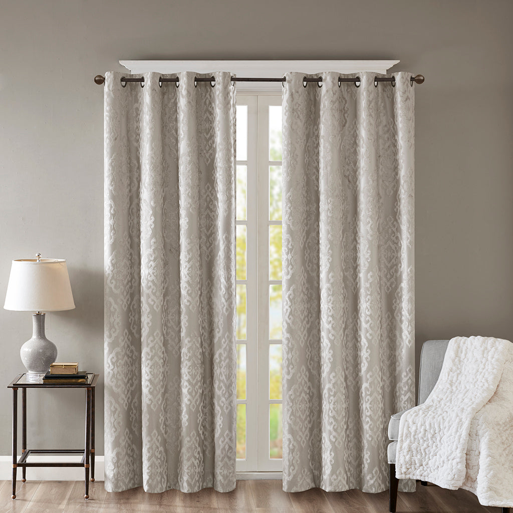 50x95" Knitted Jacquard Damask Total Blackout Grommet Top Curtain Panel - Silver
