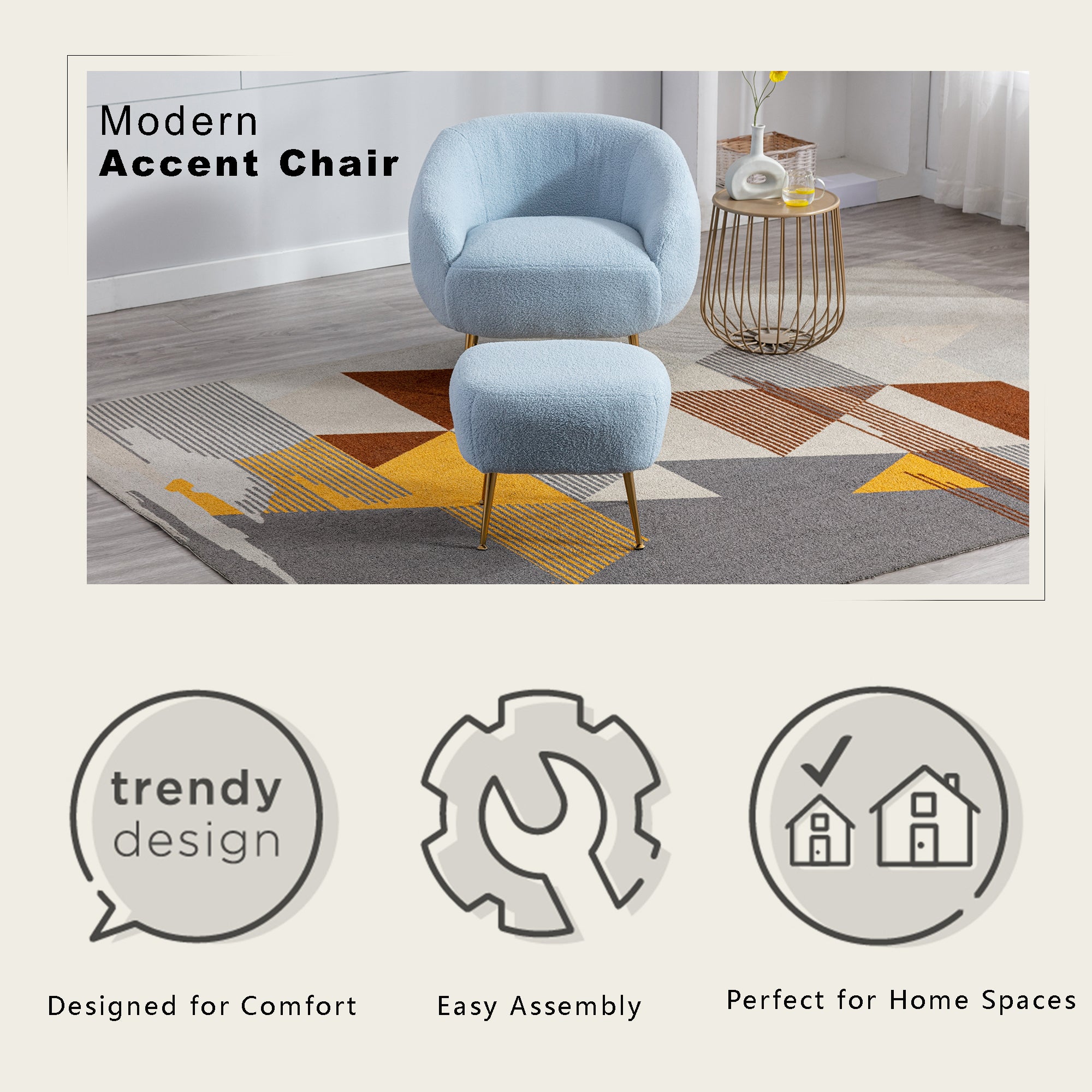 Modern Comfy Leisure Accent Chair, Teddy Short Plush Particle Velvet Armchair with Ottoman - Light Blue