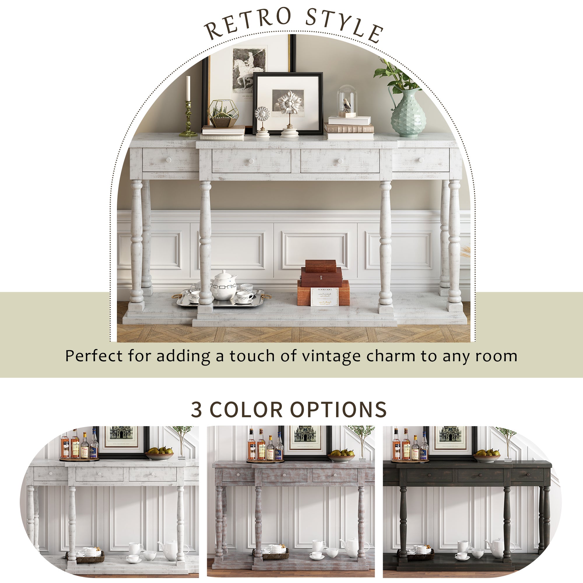 Retro Console Table for Hallway with 4 Front Facing Storage Drawers and 1 Shelf - Antique White