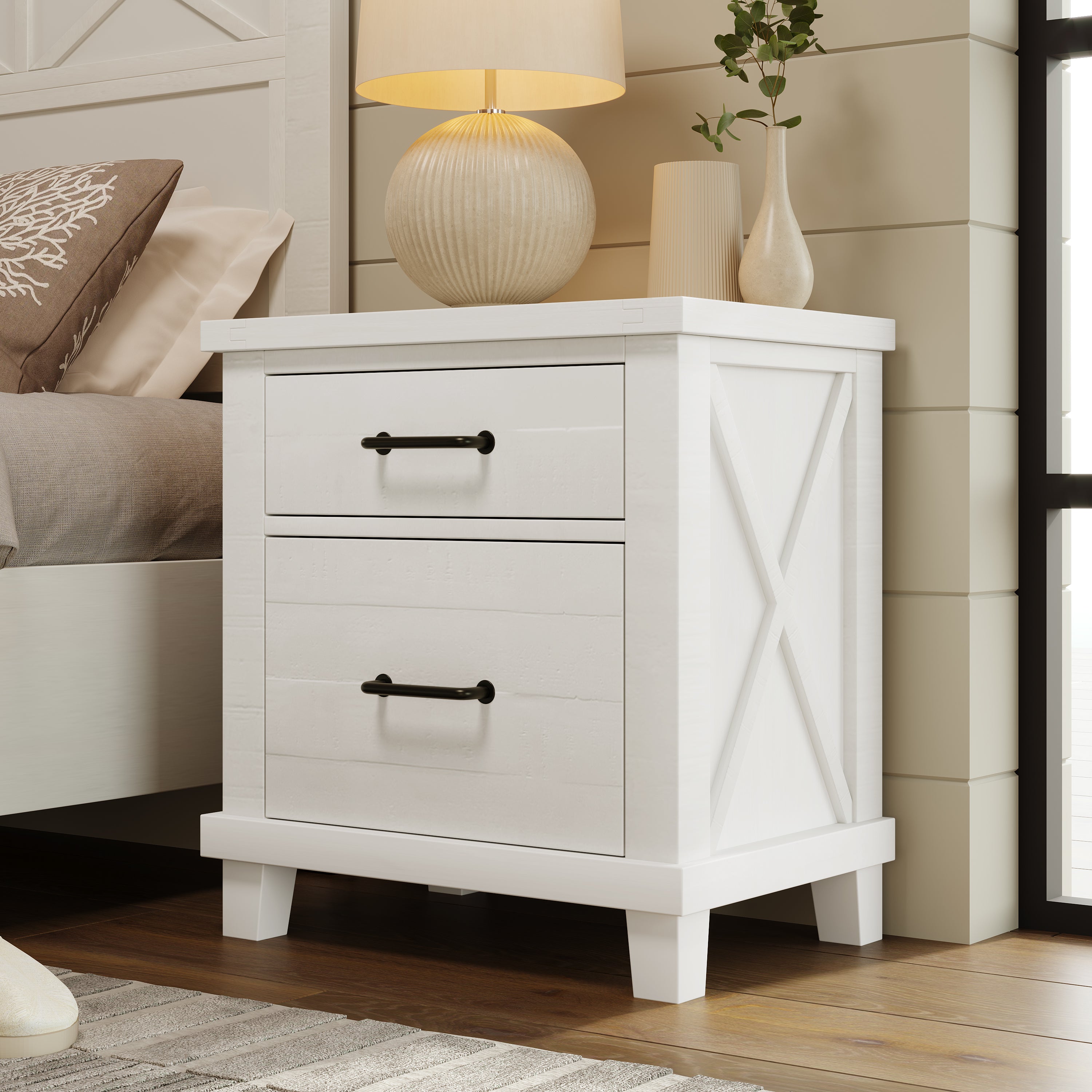 Rustic Farmhouse Style Solid Pine Wood Two-Drawer Nightstand - White