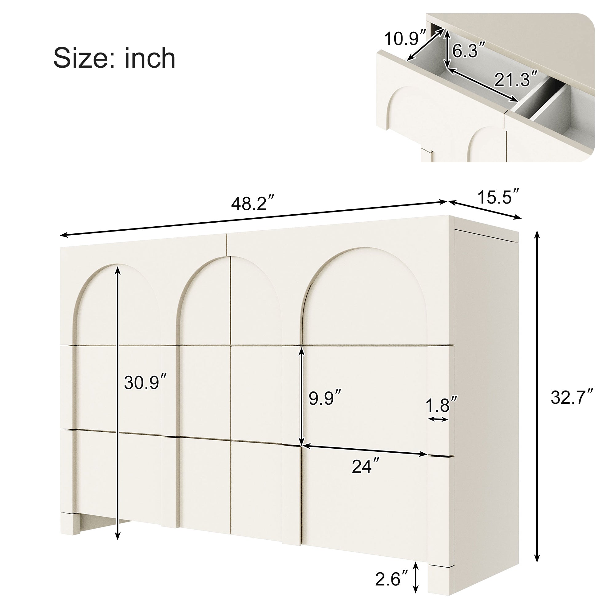 Modern Style Six-Drawer Dresser Sideboard Cabinet Ample Storage Spaces - Half Gloss White
