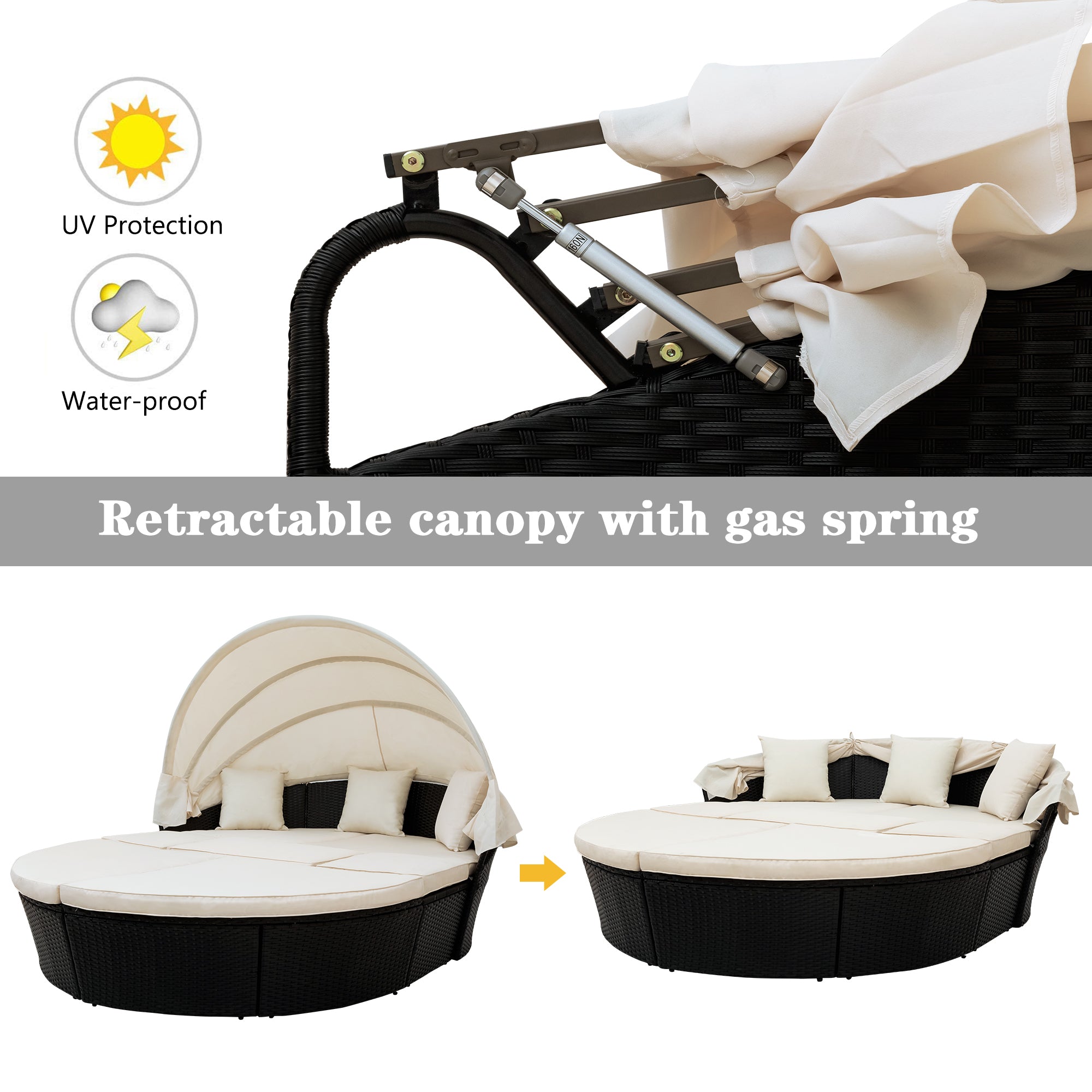 Outdoor Rattan Daybed Sunbed with Retractable Canopy Wicker - Beige