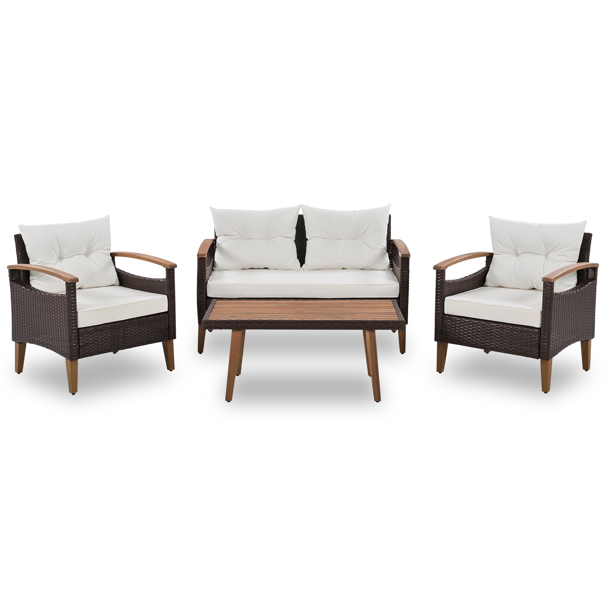 4-Piece Garden Furniture,  Patio Seating Set, PE Rattan Outdoor Sofa Set, Wood Table and Legs - Brown and Beige