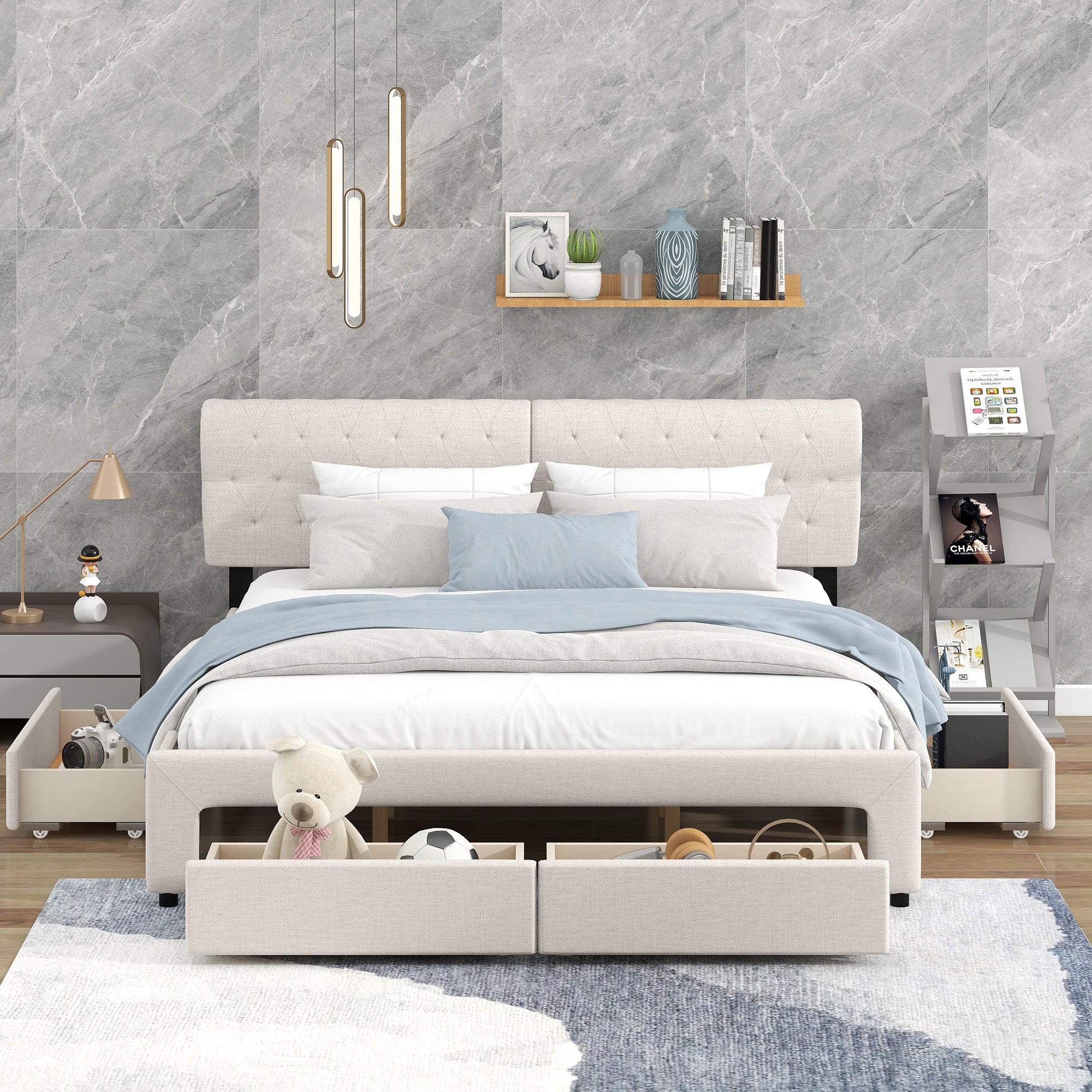 King Size Upholstery Platform Bed with Four Drawers - Beige