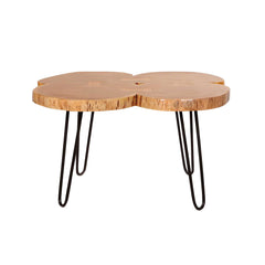 29 Inch Acacia Wood Coffee Table, Live Edge, Quatrefoil Top, Iron Hairpin Legs - Brown and Black