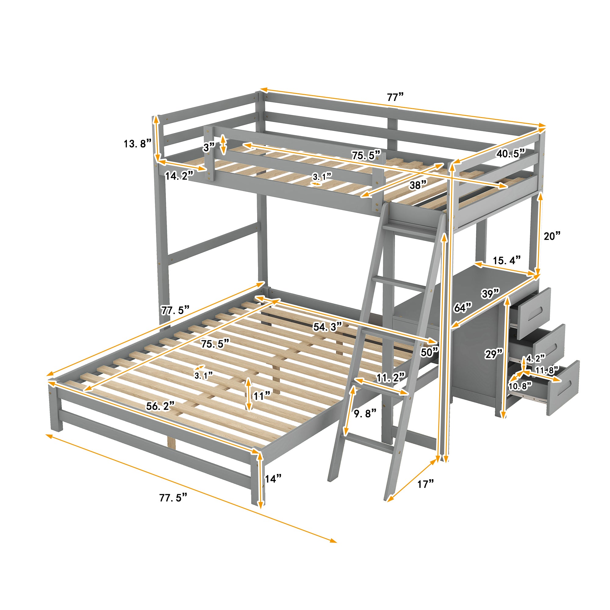 Twin over Full Bunk Bed with Built-in Desk and Three Drawers - Grey
