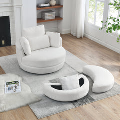 39"W Oversized Swivel Chair with Moon Storage Ottoman, 4 Pillows - Teddy Fabric White