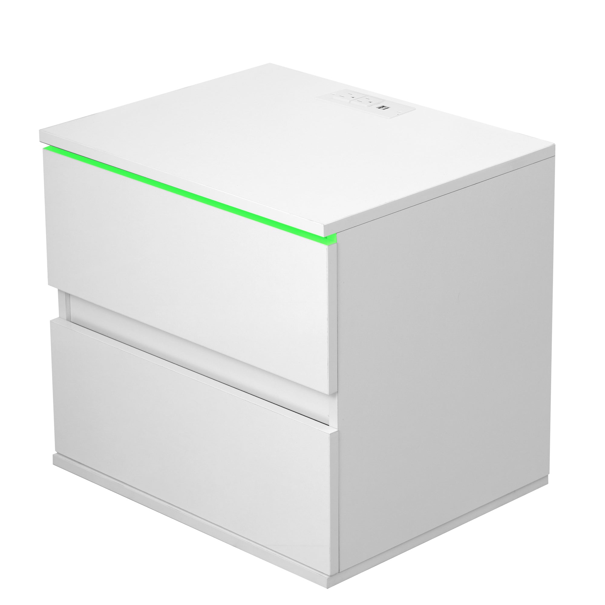 Nightstand with 2 Drawers, USB Charging Ports and Remote Control LED Light - White