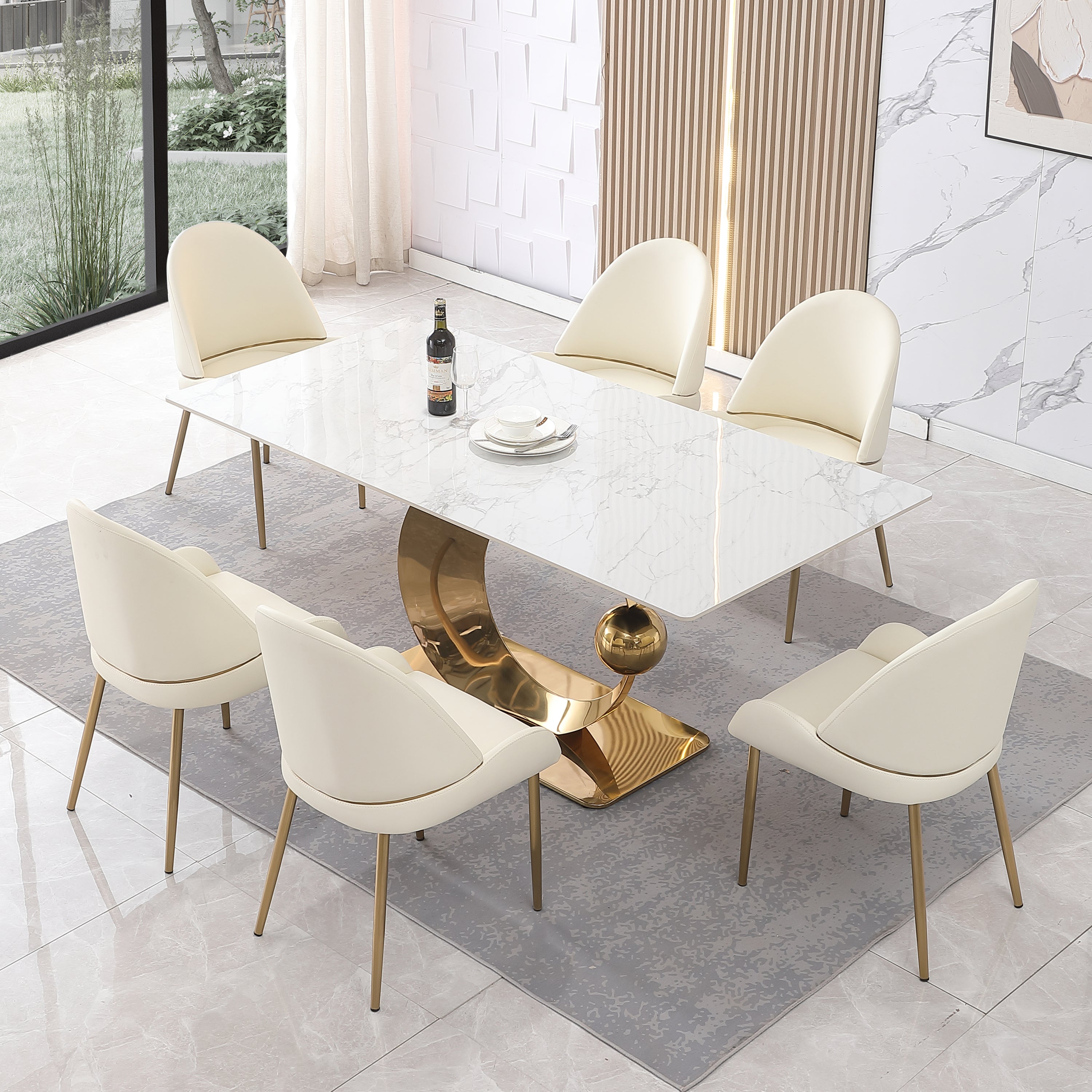 Stone Dining Table with Carrara White color and Round special shape stainless steel Gold Pedestal Base