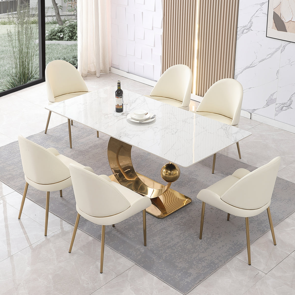 Dining Set 71-Inch Stone Dining Table with Carrara White Color with 6 Chairs