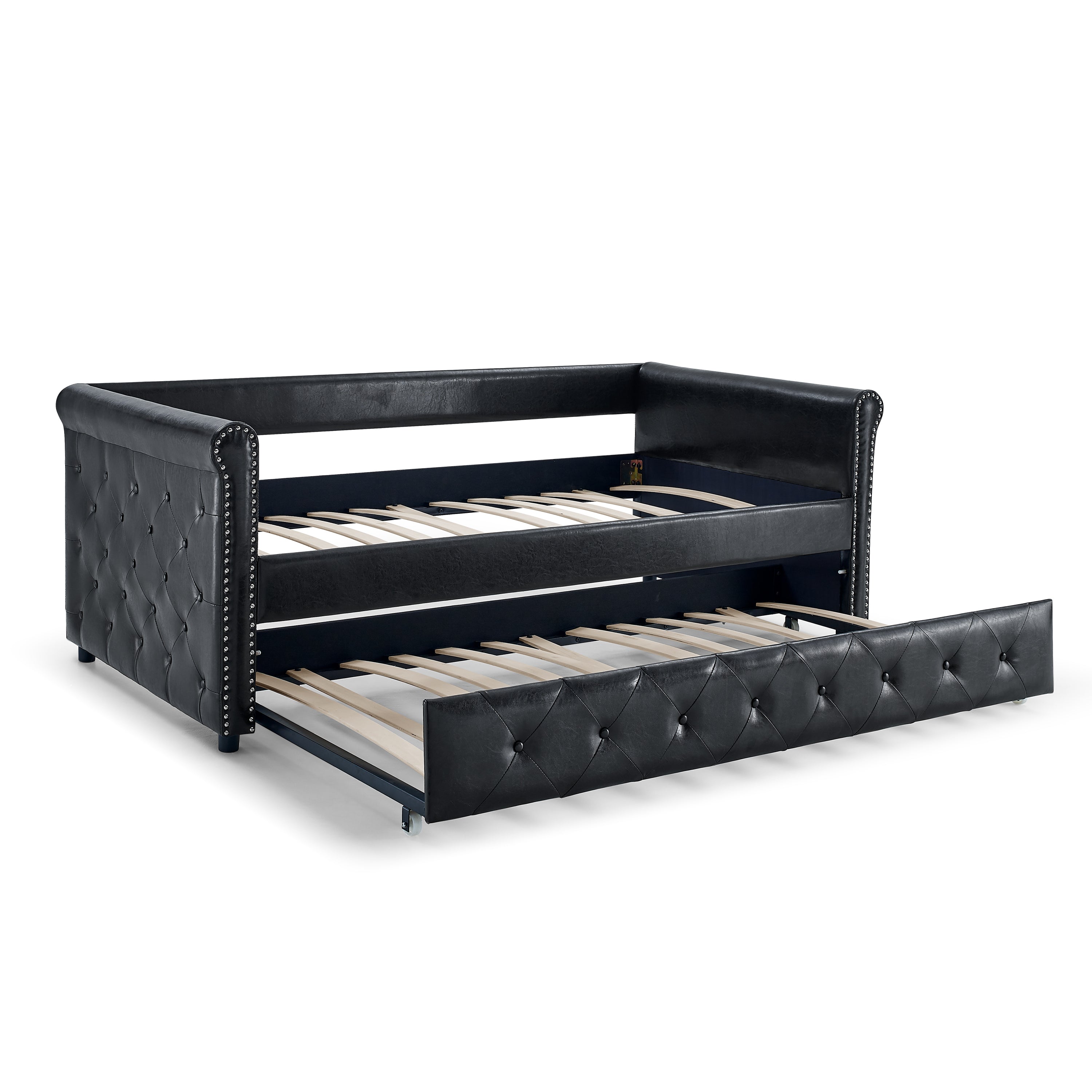 Daybed with Trundle Upholstered Tufted Sofa Bed, with Button and Copper Nail on Arms both Twin Size - Black