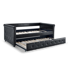 Daybed with Trundle Upholstered Tufted Sofa Bed, with Button and Copper Nail on Arms both Twin Size - Black