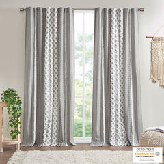 50x95" Cotton Printed Curtain Panel with Chenille Stripe and Lining - Gray (1 panel only)