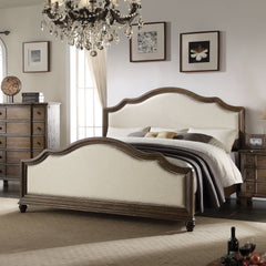 French Style Queen Bed - Beige Linen & Weathered Oak