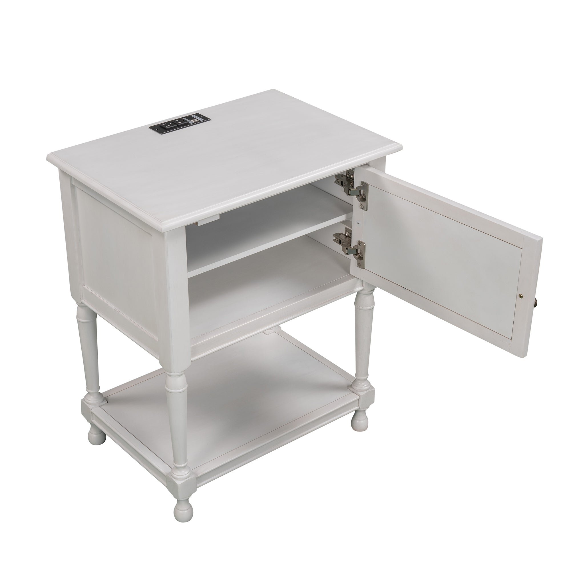 Versatile Nightstand with Two Built-in Shelves Cabinet and an Open Storage, USB Charging Design - White