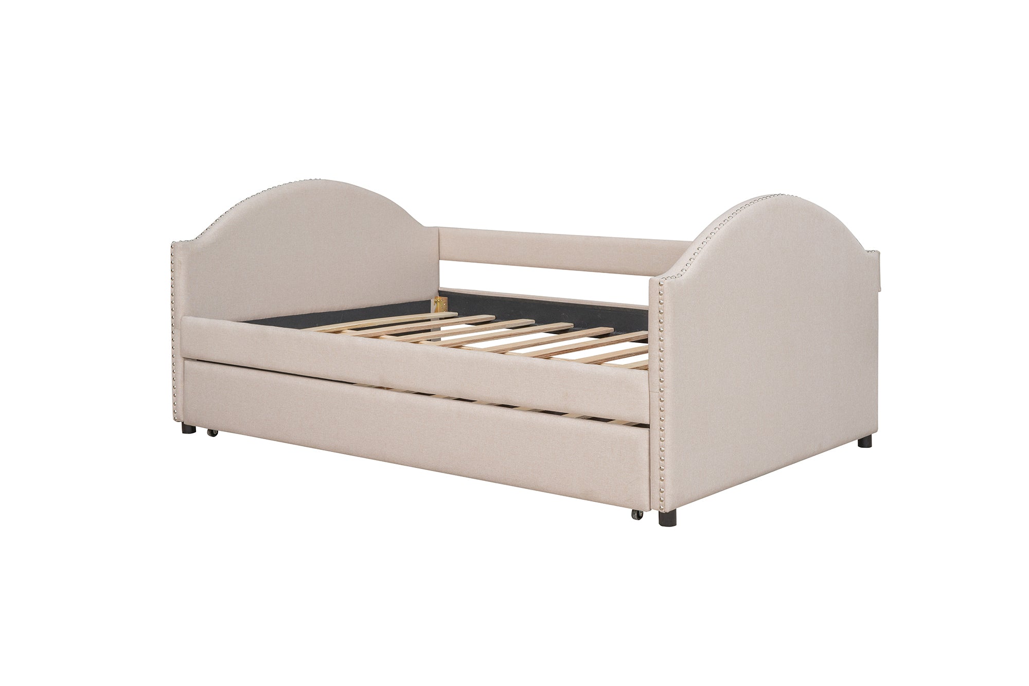 Full Daybed with Twin Size Trundle, Wood Slat Support - Beige