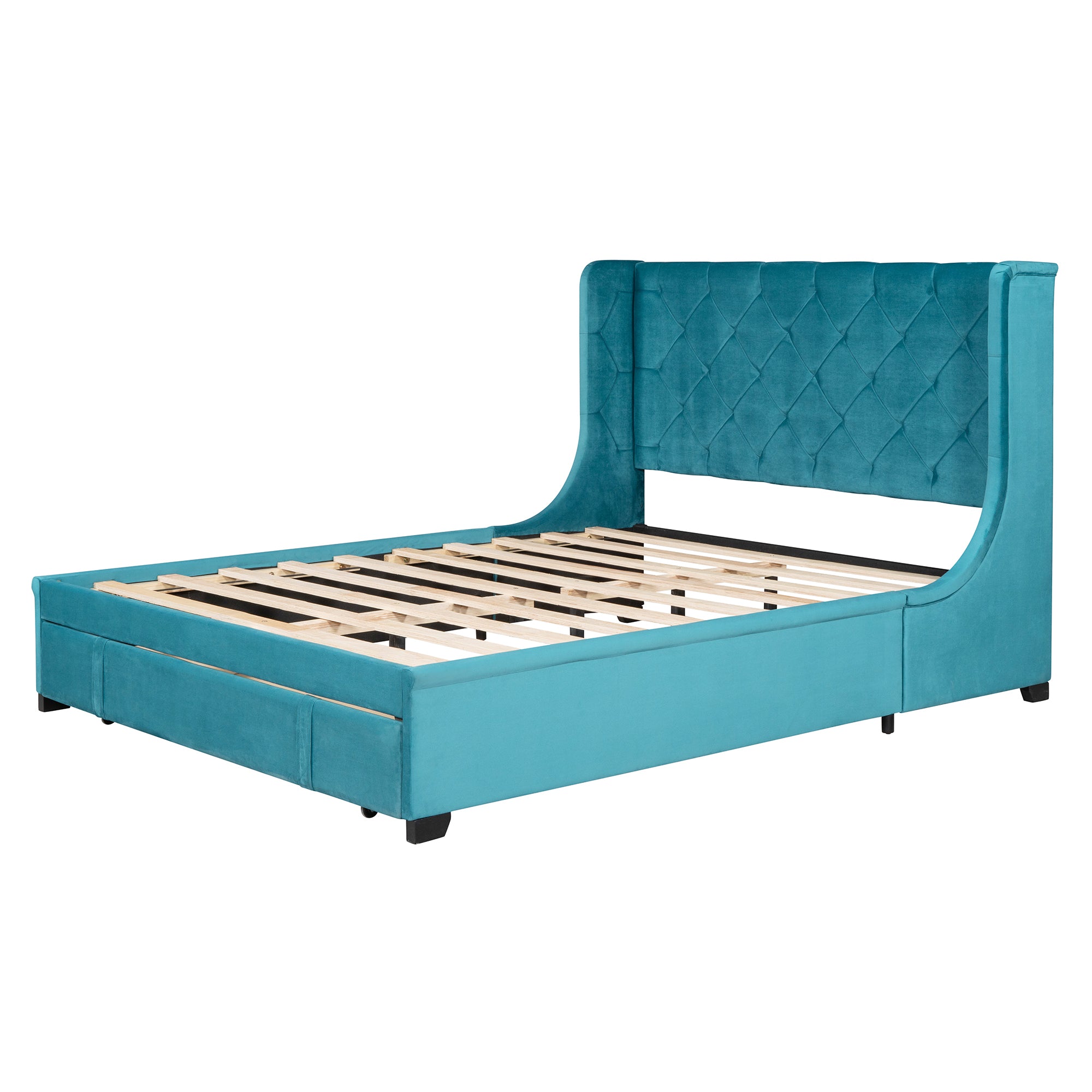 Queen Size Storage Bed Velvet Upholstered Platform Bed with Wingback Headboard and a Big Drawer - Blue