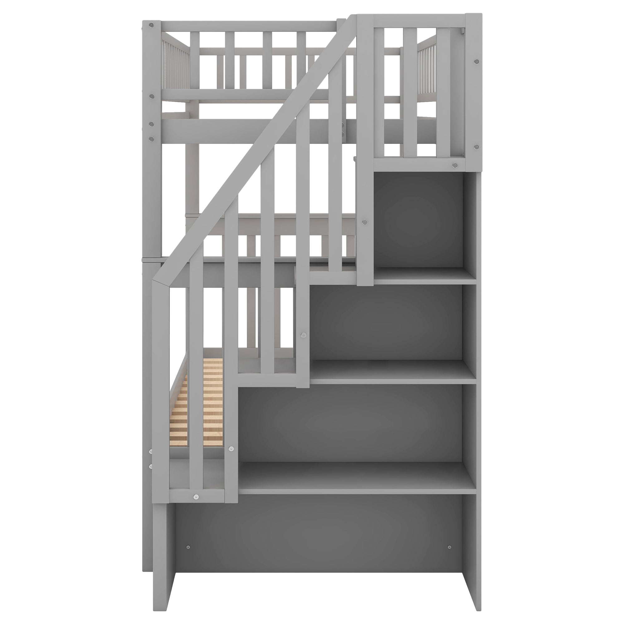 Twin over Twin Bunk Bed with Trundle and Storage -  Gray