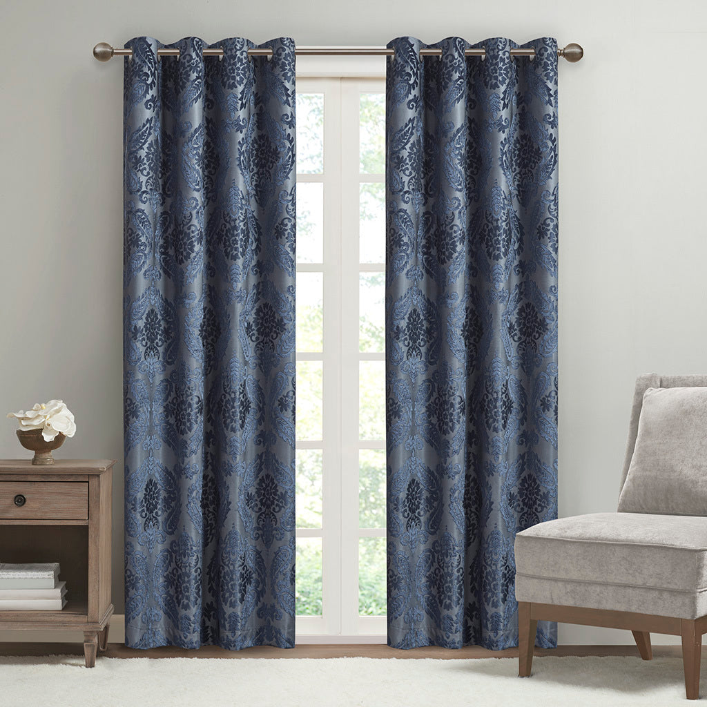 50x84" Knitted Jacquard Paisley Total Blackout Grommet Top Curtain Panel - Navy