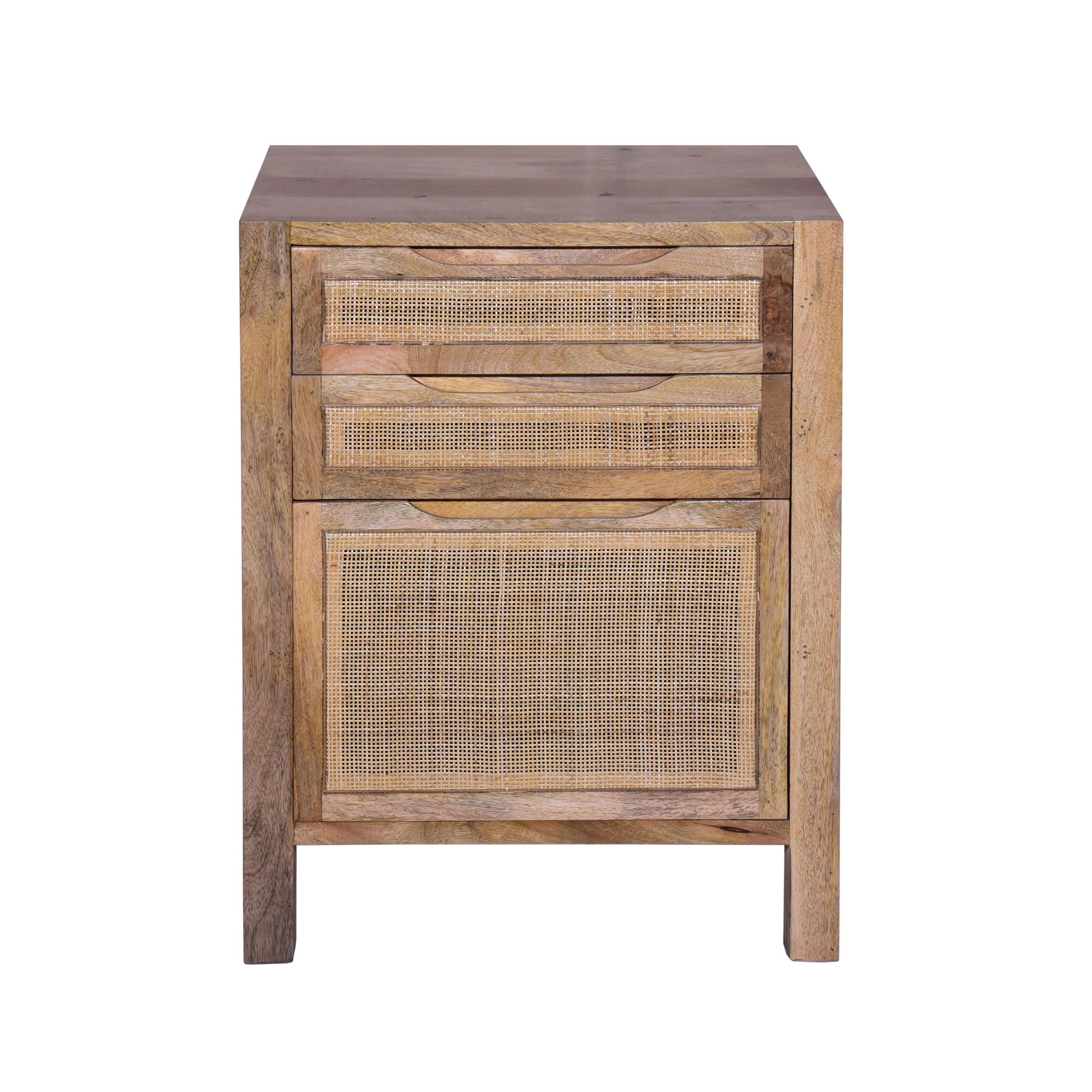 31 Inch Cottage Mango Wood Storage Cabinet Table, Cane Rattan Panels, 3 Drawers - Natural Brown