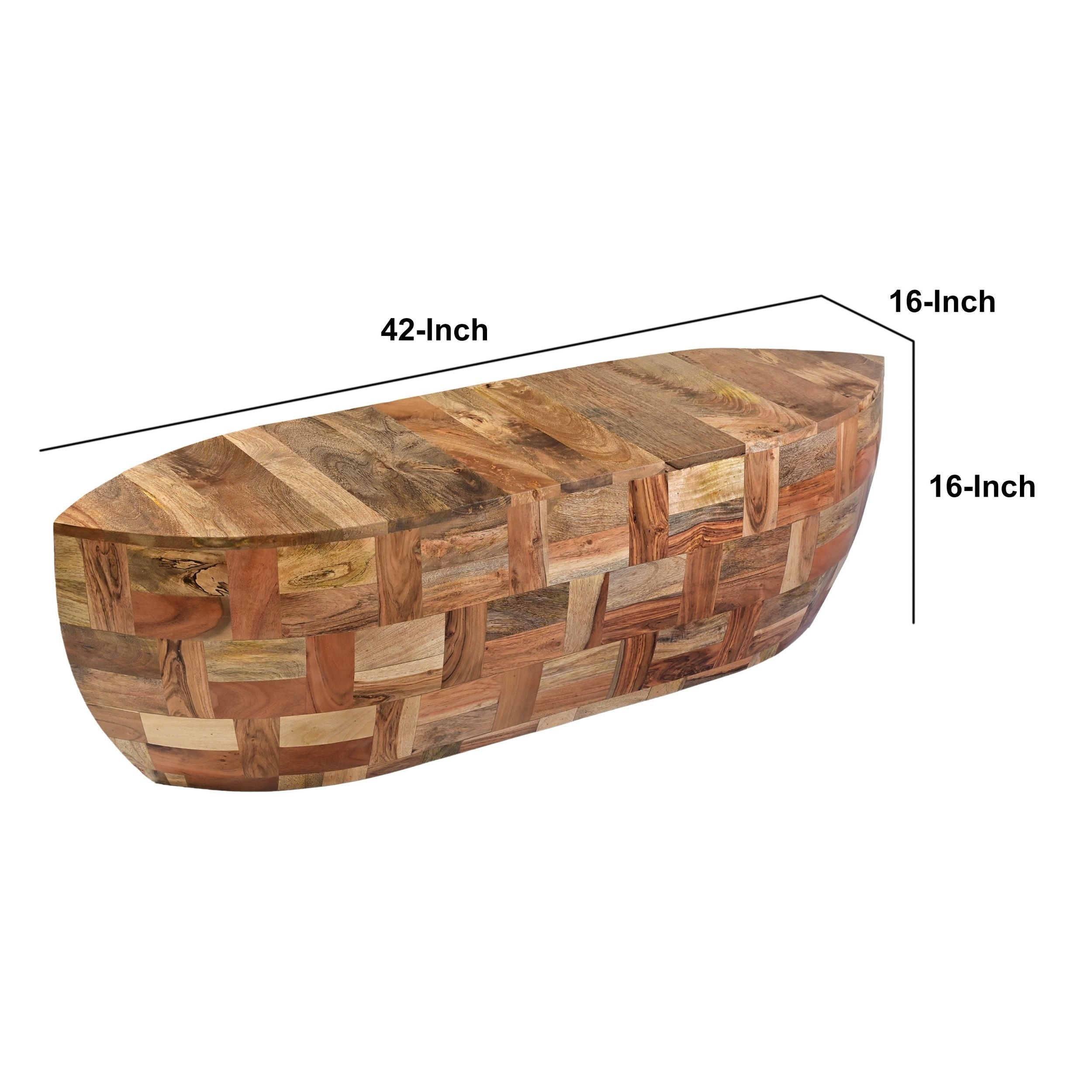 42 Inch Mango Wood Oval Canoe Shape Coffee Table - Weathered Brown
