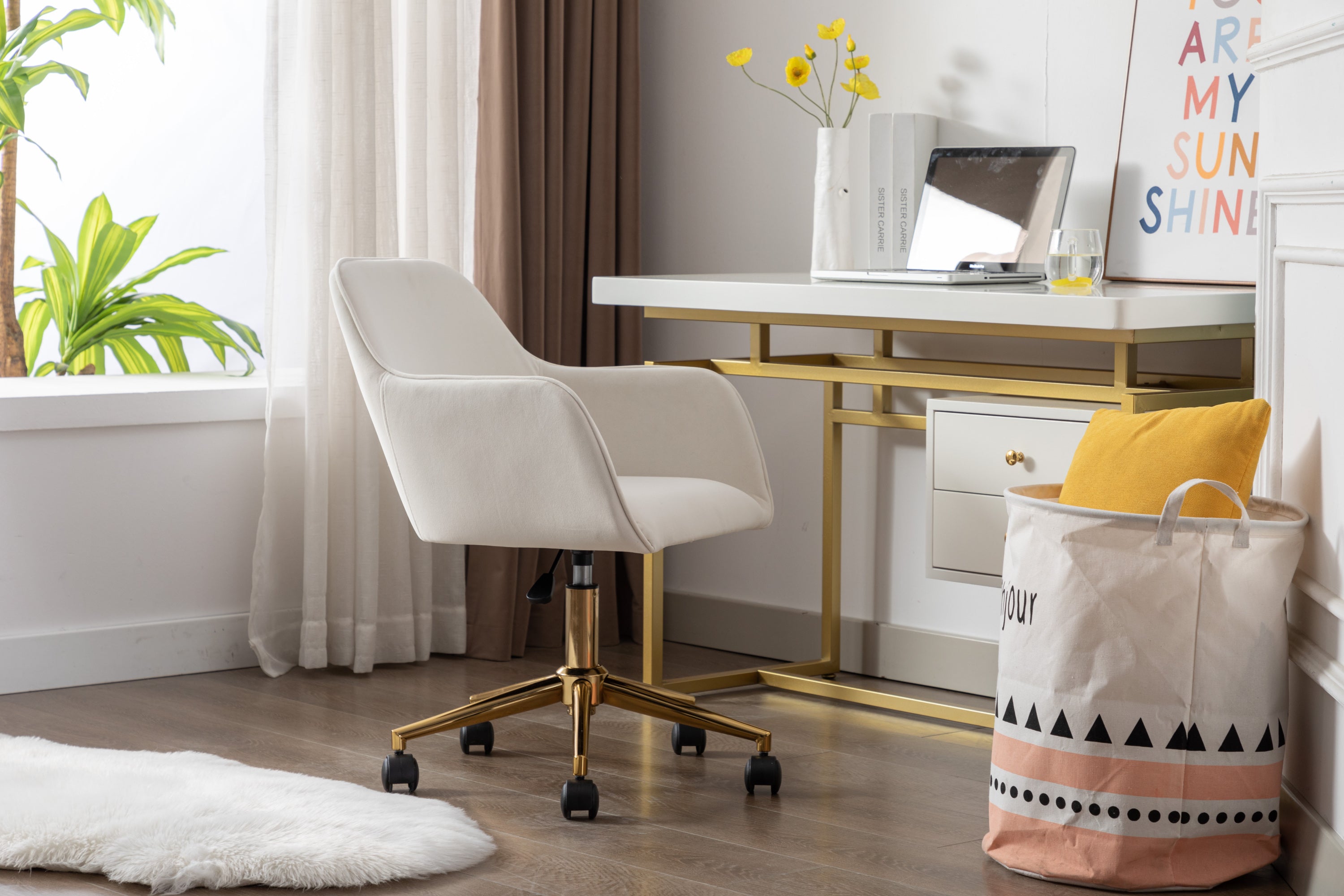 Modern Velvet Adjustable Height 360 revolving Home Office Chair with Gold Metal Legs - Ivory White