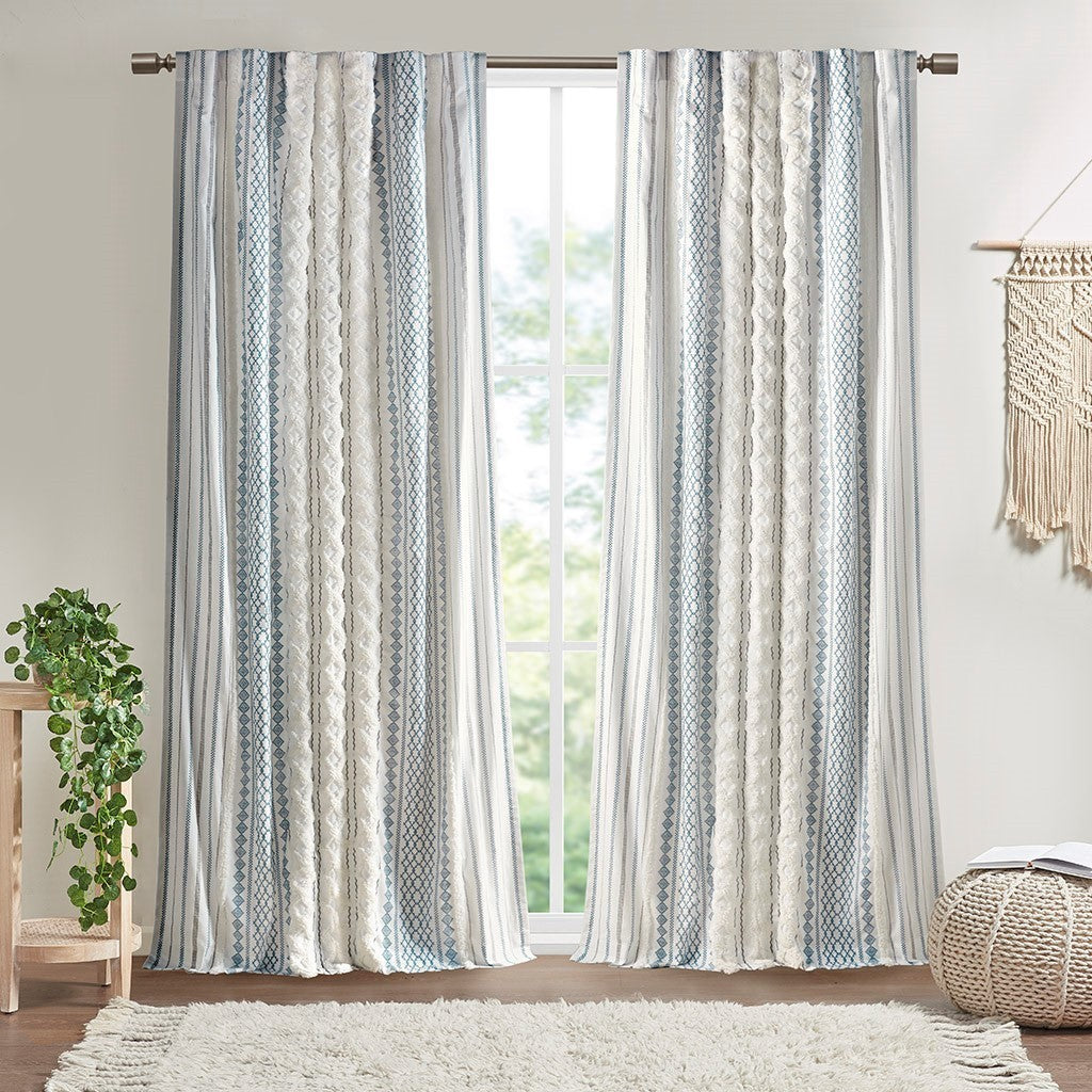 50x95" Cotton Printed Curtain Panel with Chenille Stripe and Lining - Ivory+Navy (1 panel only)