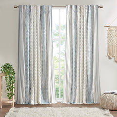 50x95" Cotton Printed Curtain Panel with Chenille Stripe and Lining - Ivory+Navy (1 panel only)