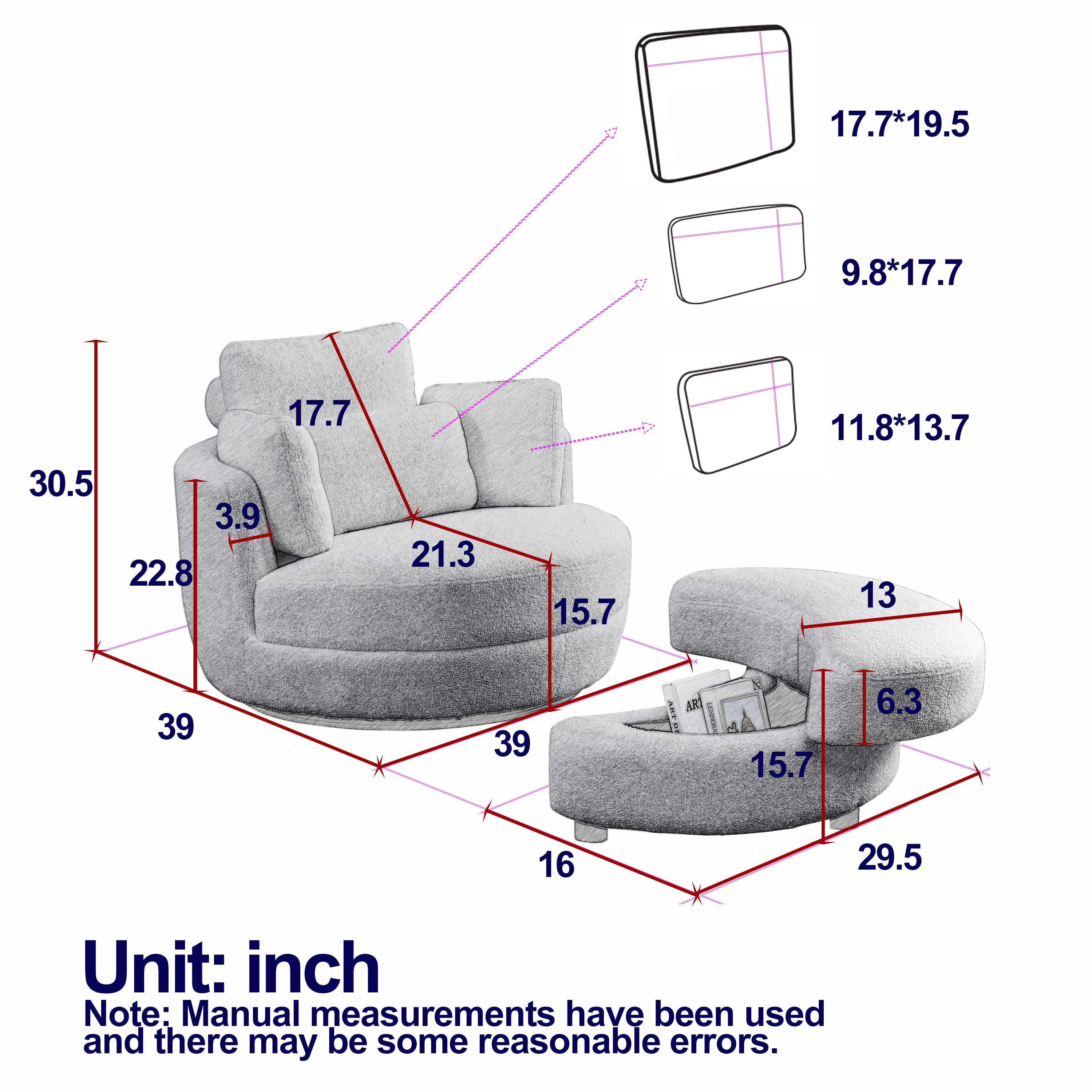 39"W Oversized Swivel Chair with Moon Storage Ottoman, 4 Pillows - Teddy Fabric White