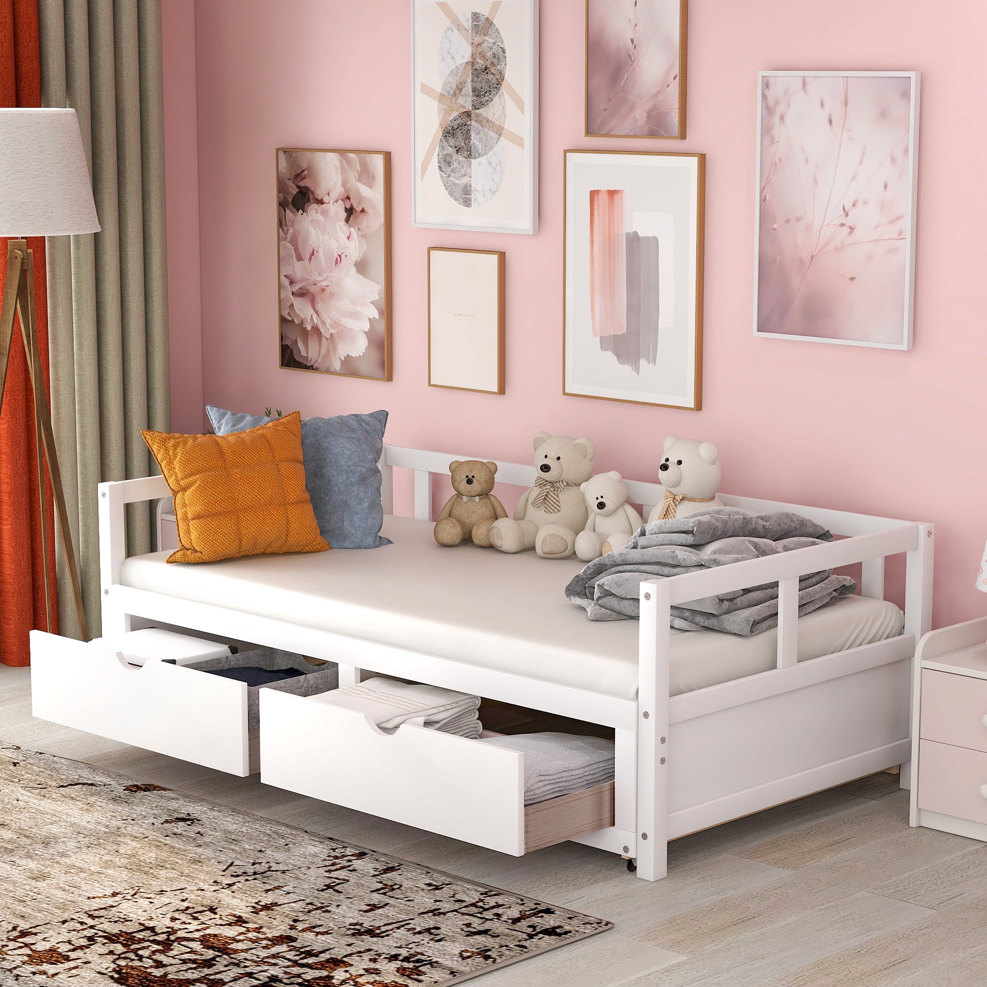 Extendable  Daybed with Trundle Bed and Two Storage Drawers - White