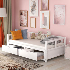 Extendable  Daybed with Trundle Bed and Two Storage Drawers - White