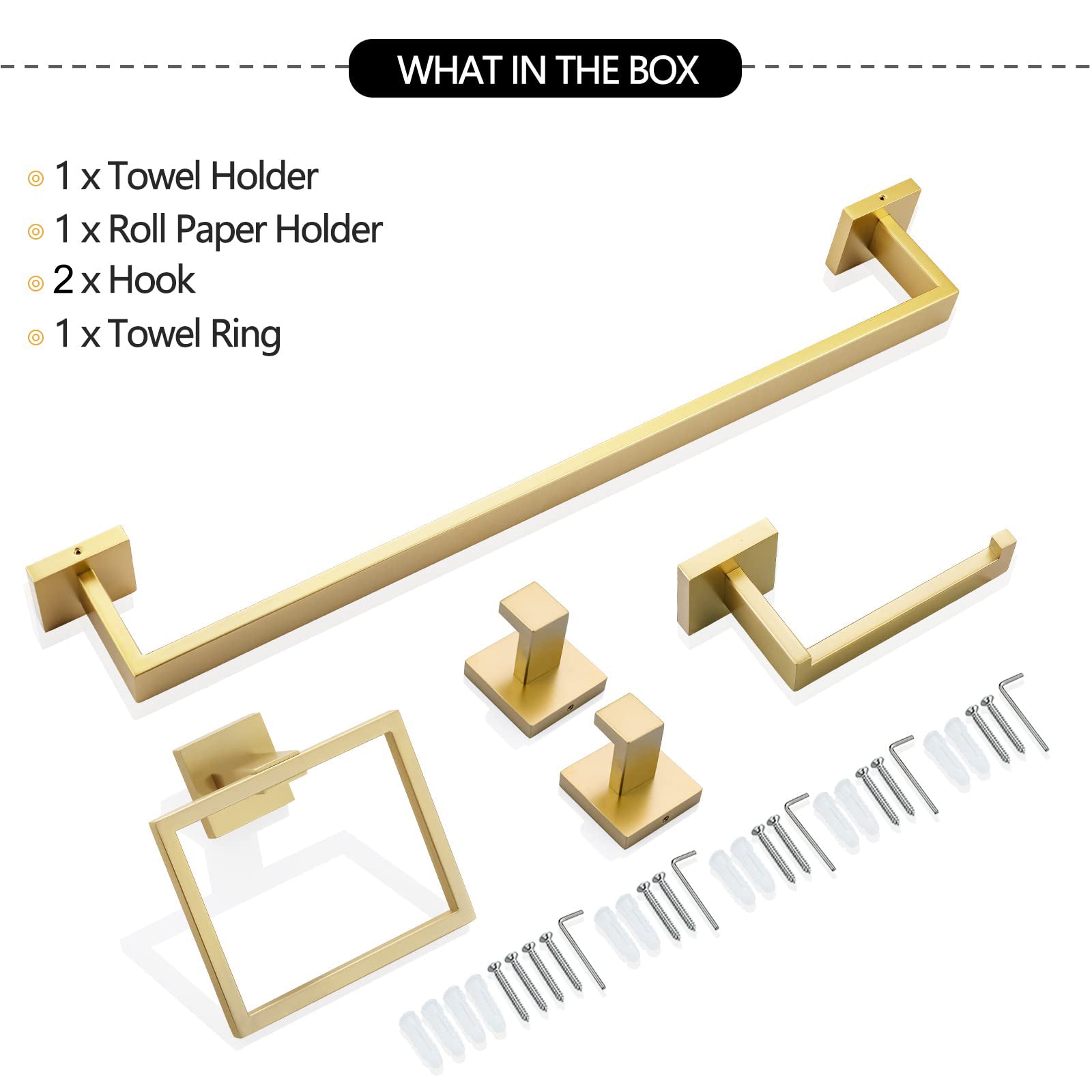 5 Pieces Bathroom Hardware Accessories Set Towel Bar Set Wall Mounted, Stainless Steel - Brushed Gold