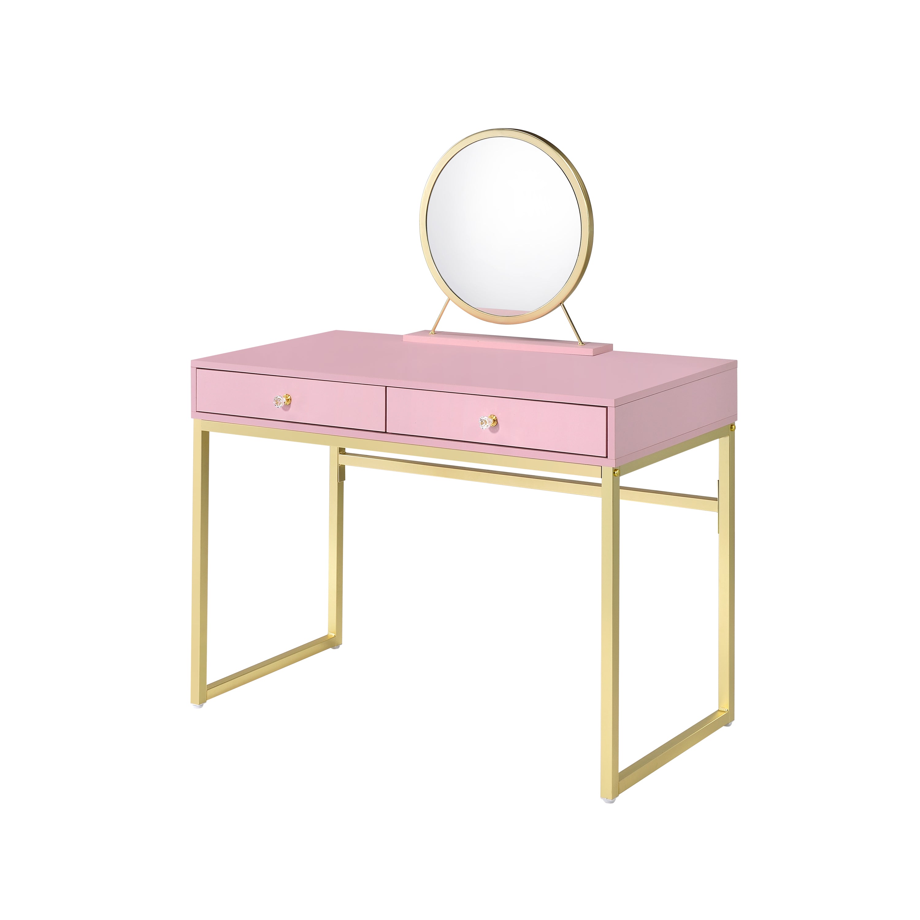 Vanity Desk w/Mirror & Jewelry Tray - Pink & Gold Finish