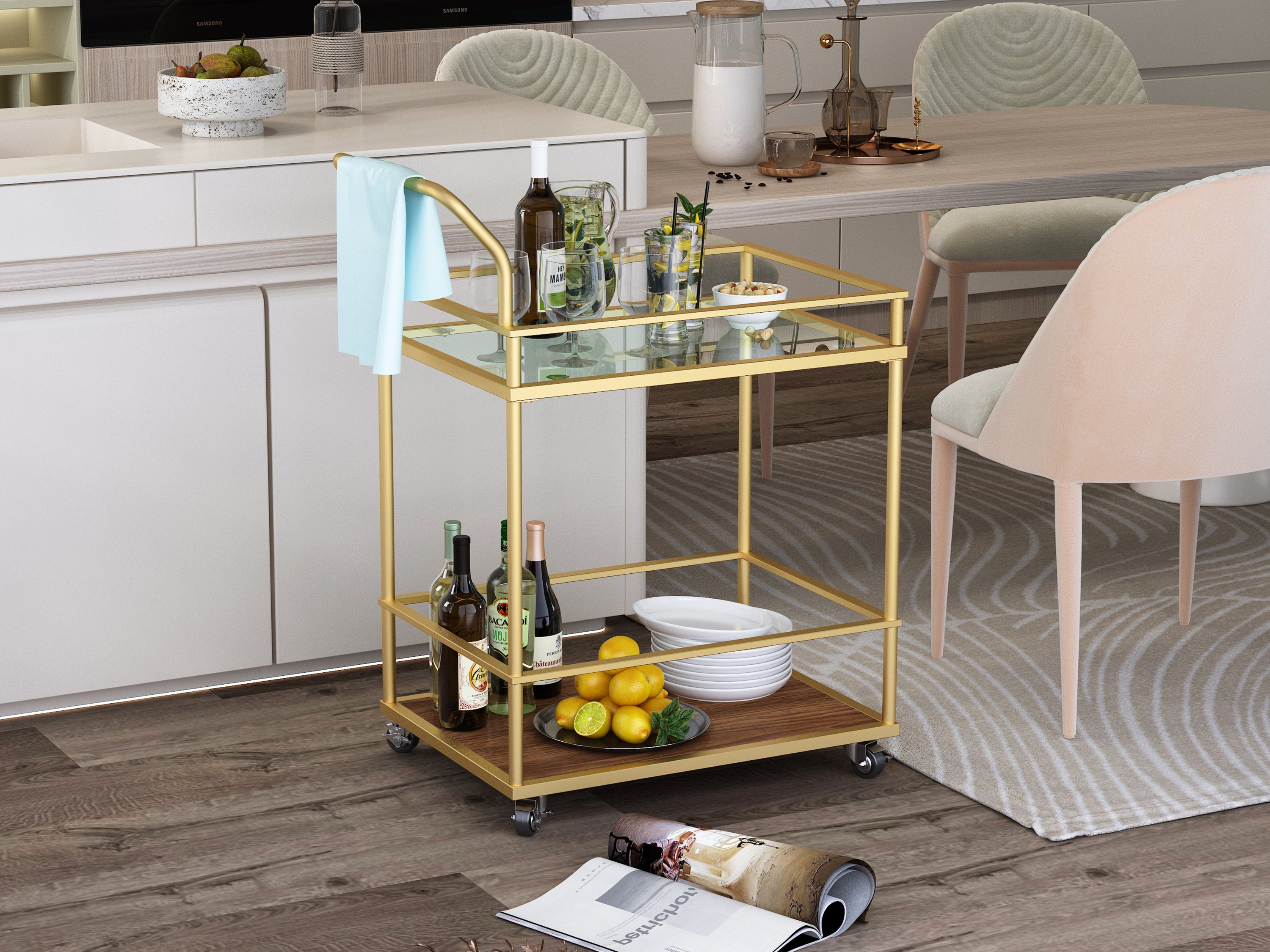 Serving cart, Rolling Bar or Cart for Tea or Cocktail, 2-Tiered Glass and Metal - Gold
