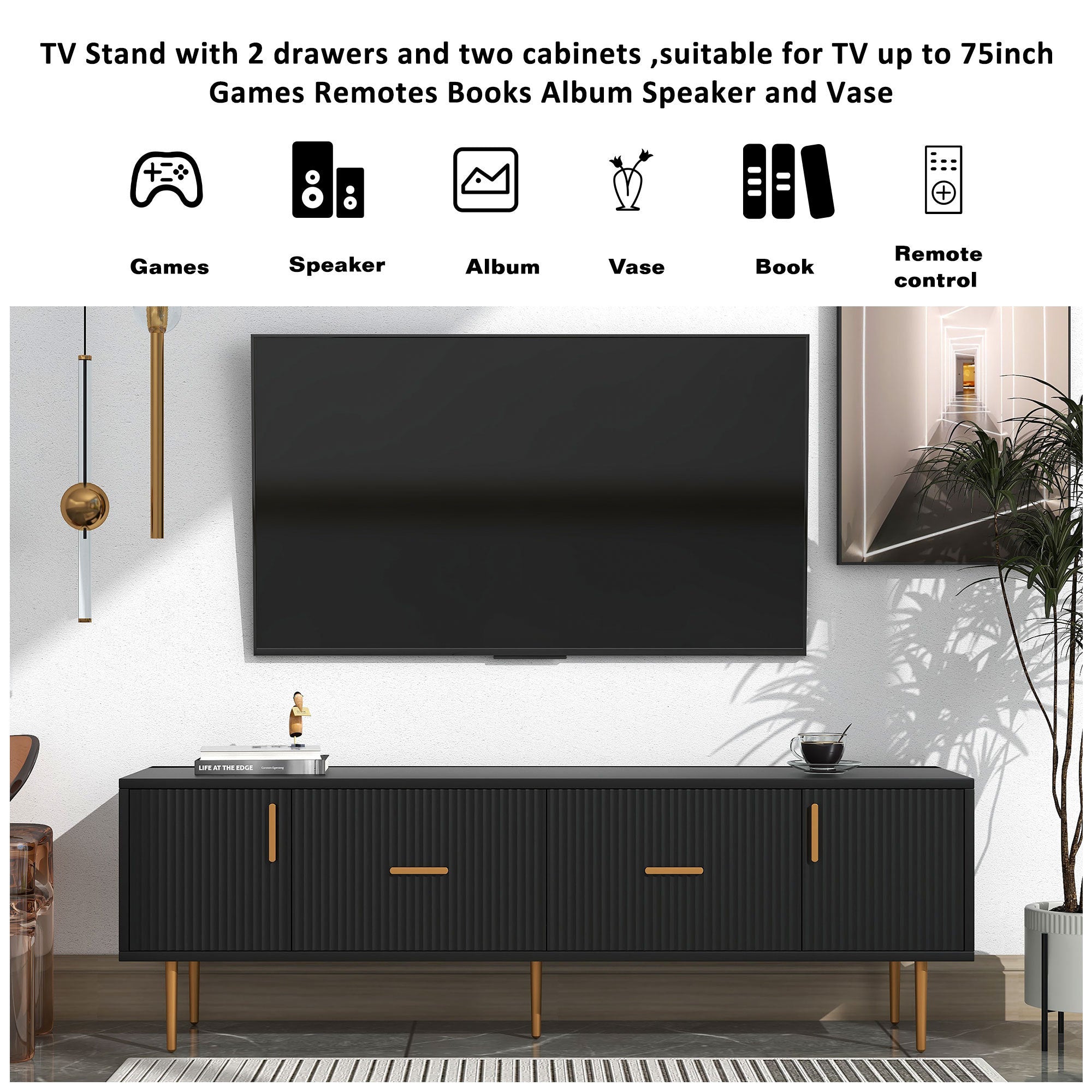 Modern TV Stand with 5 Champagne Legs, TVS Up to 75'' - Black