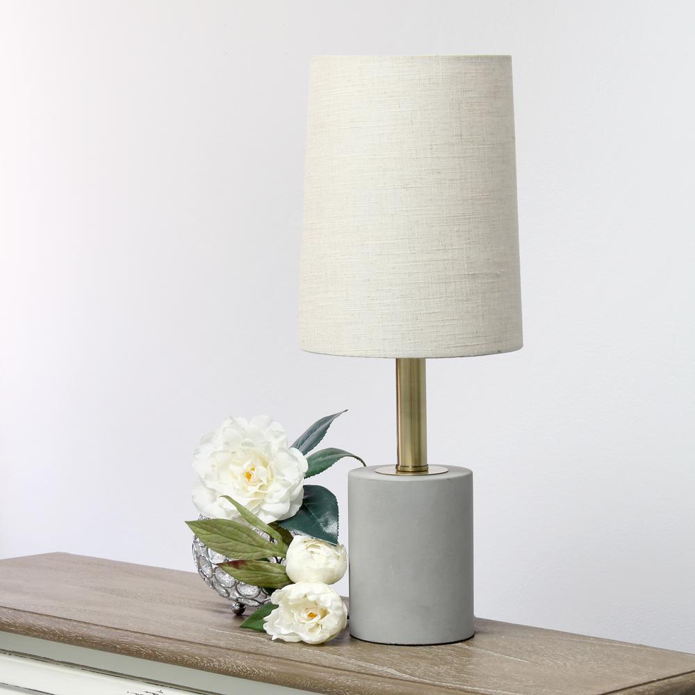 Gray Concrete Base Table Lamp with Antique Brass Detail - Khaki Fabric Shade