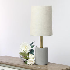 Gray Concrete Base Table Lamp with Antique Brass Detail - Khaki Fabric Shade