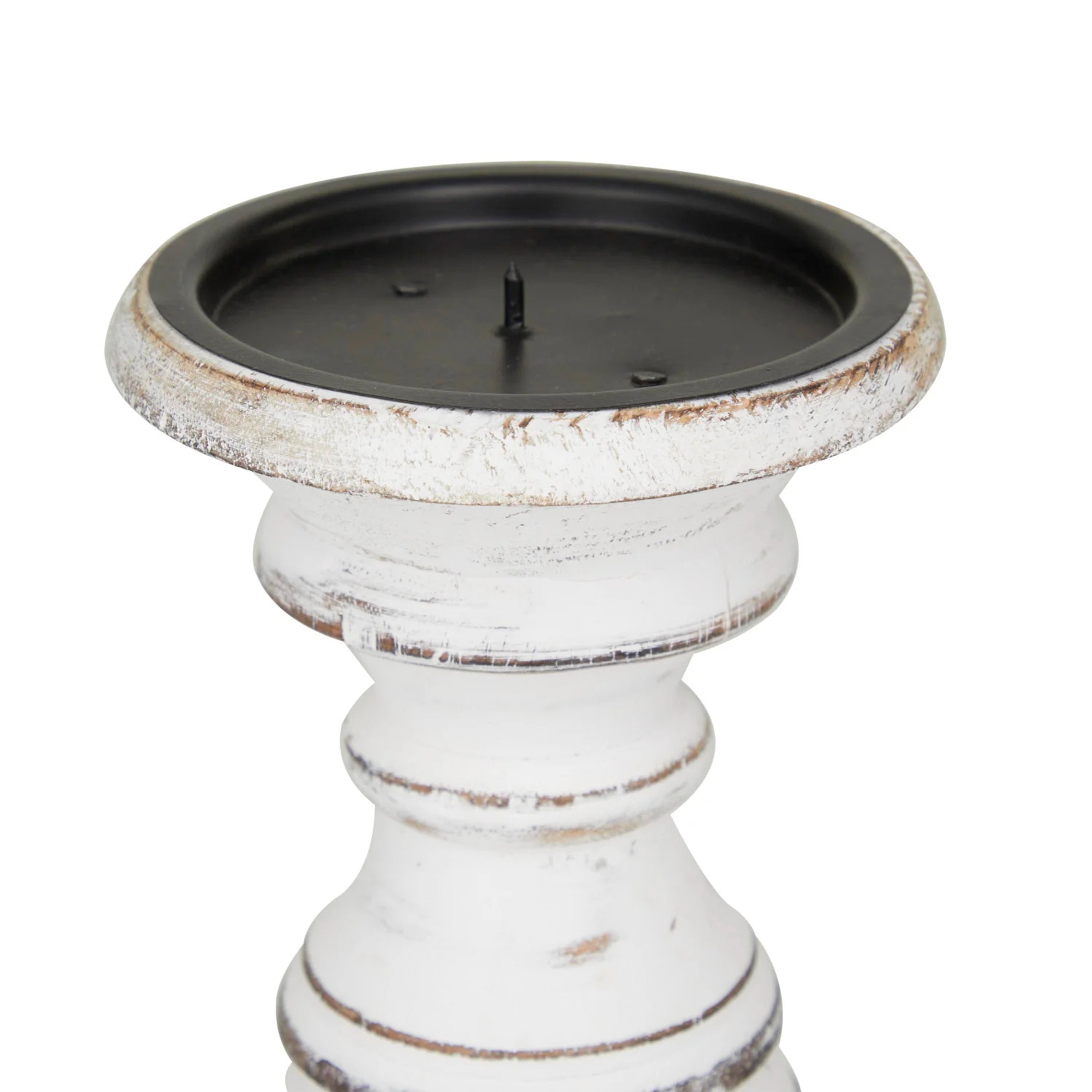 Turned Design Wooden Candle Holder with Distressed Details (Set of 3) - White