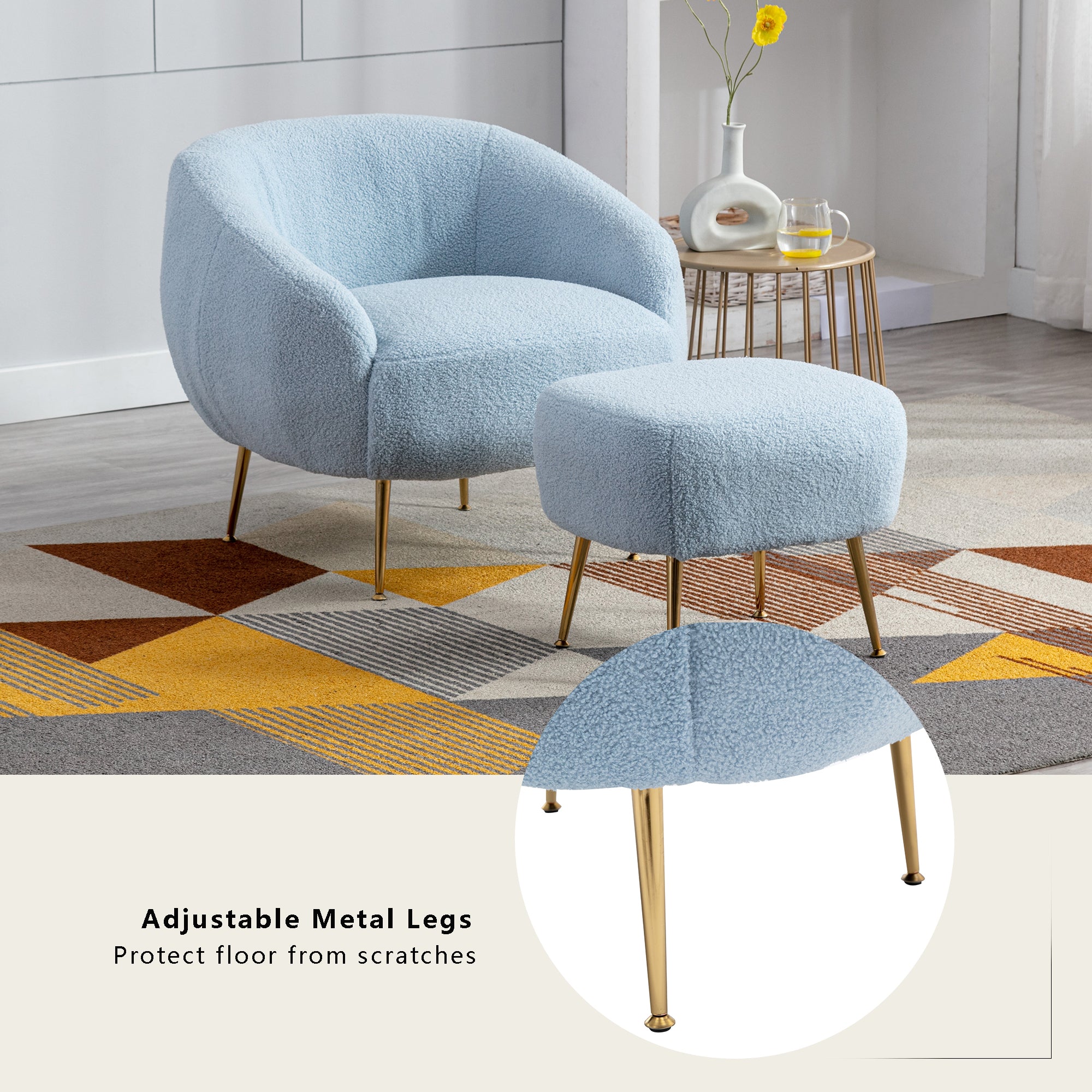 Modern Comfy Leisure Accent Chair, Teddy Short Plush Particle Velvet Armchair with Ottoman - Light Blue