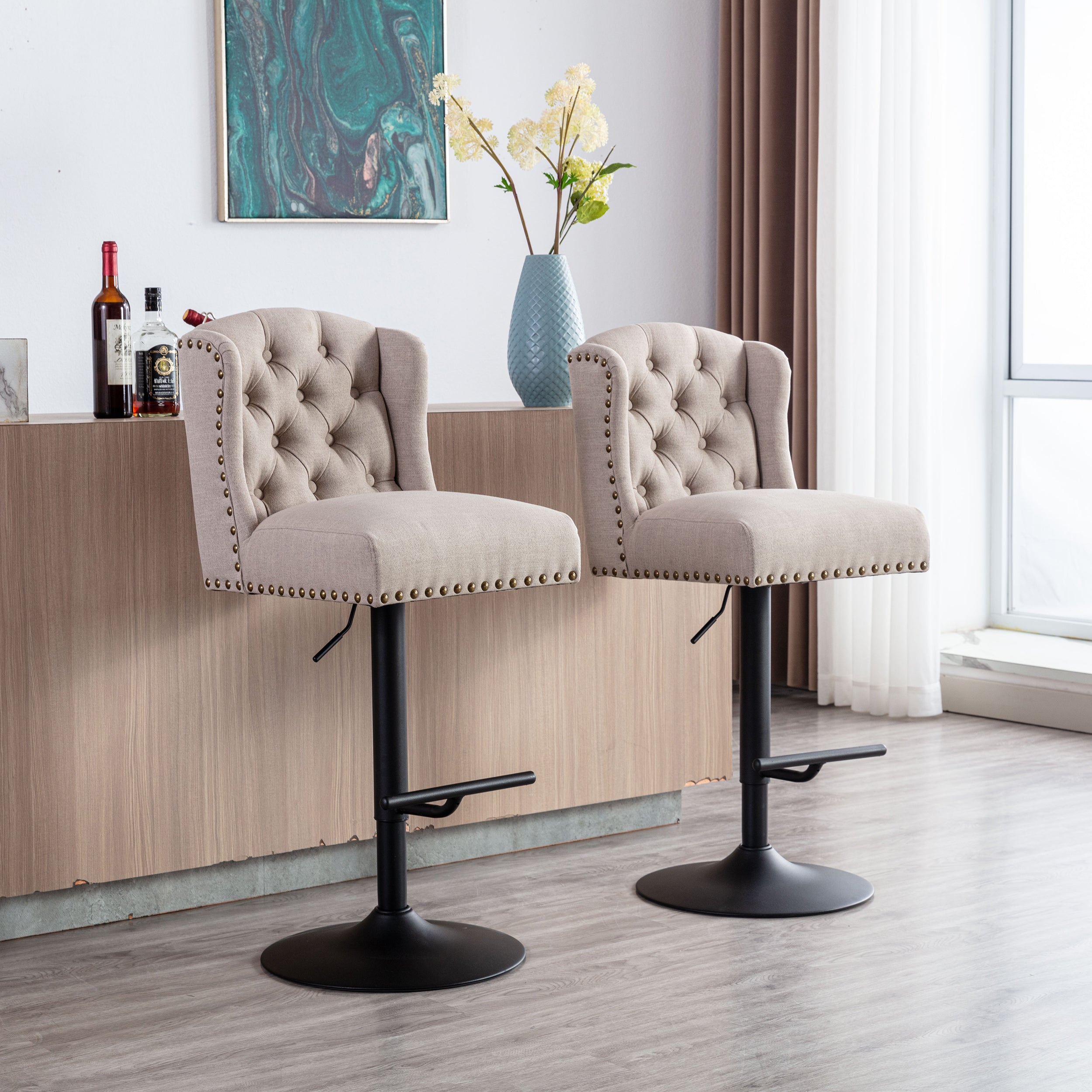 Modern Swivel Bar Stools Chair Adjustable Linen Upholstered Stool with Tufted Wing Back (Set of 2) - Cream