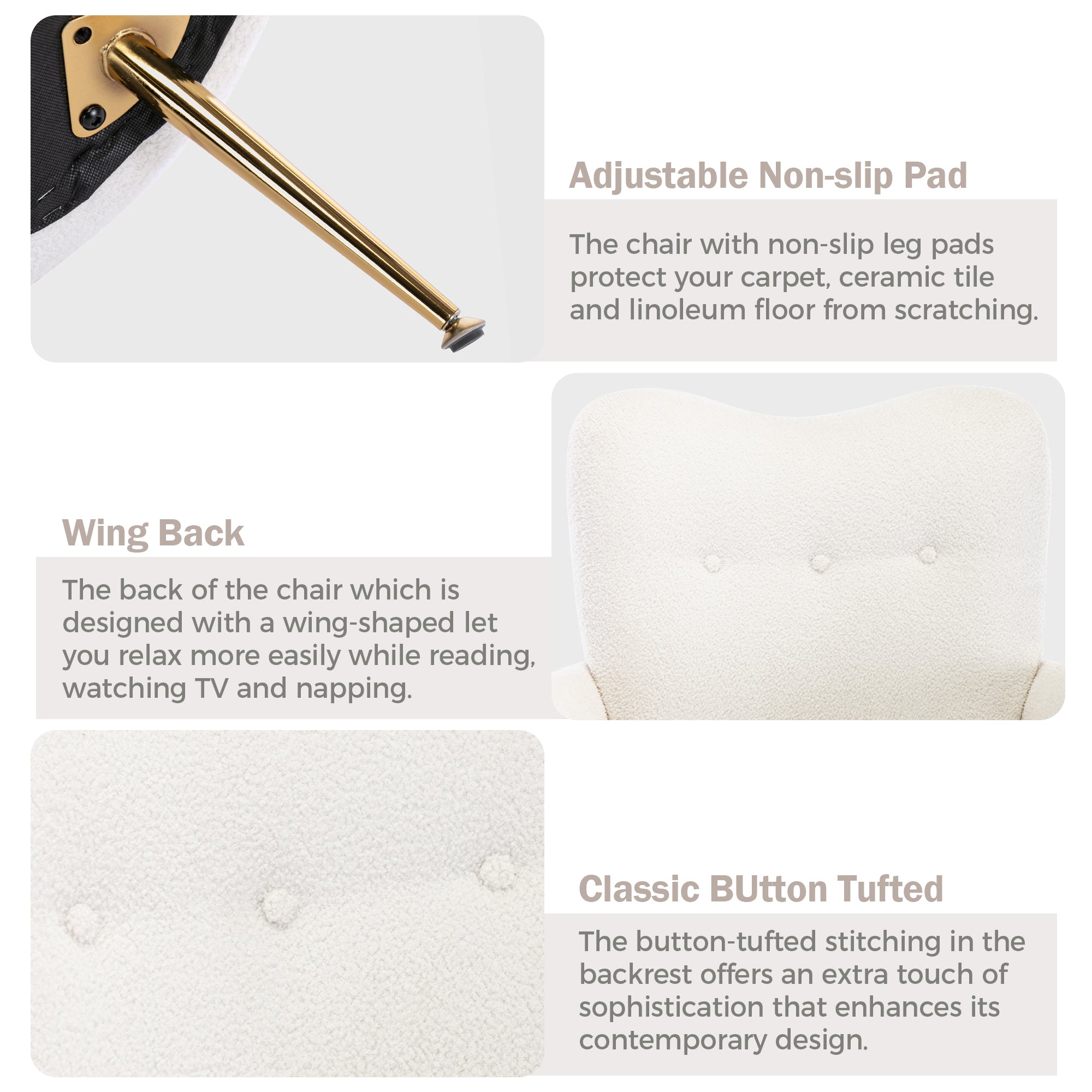 Modern Teddy Short Plush Particle Armchair, Accent Chair with Golden Metal Legs and High Back - White
