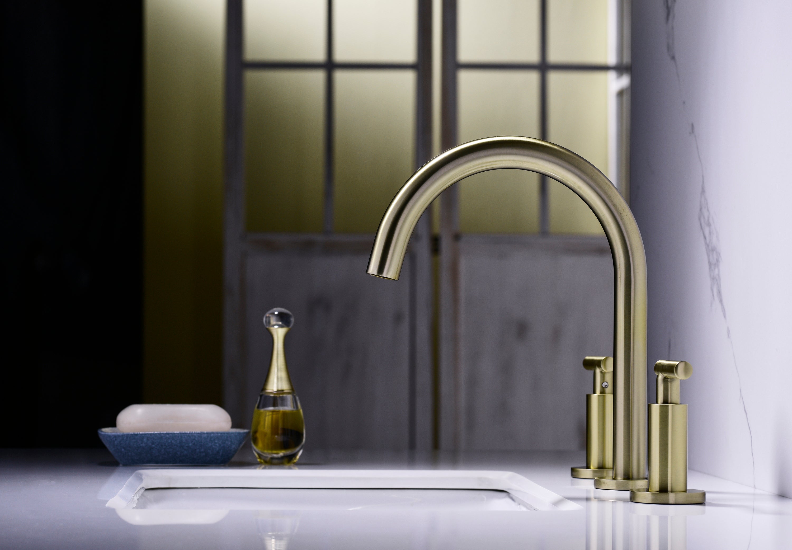 Two Handle High Arc Widespread Bathroom Sink Faucet 3 Hole - Gold